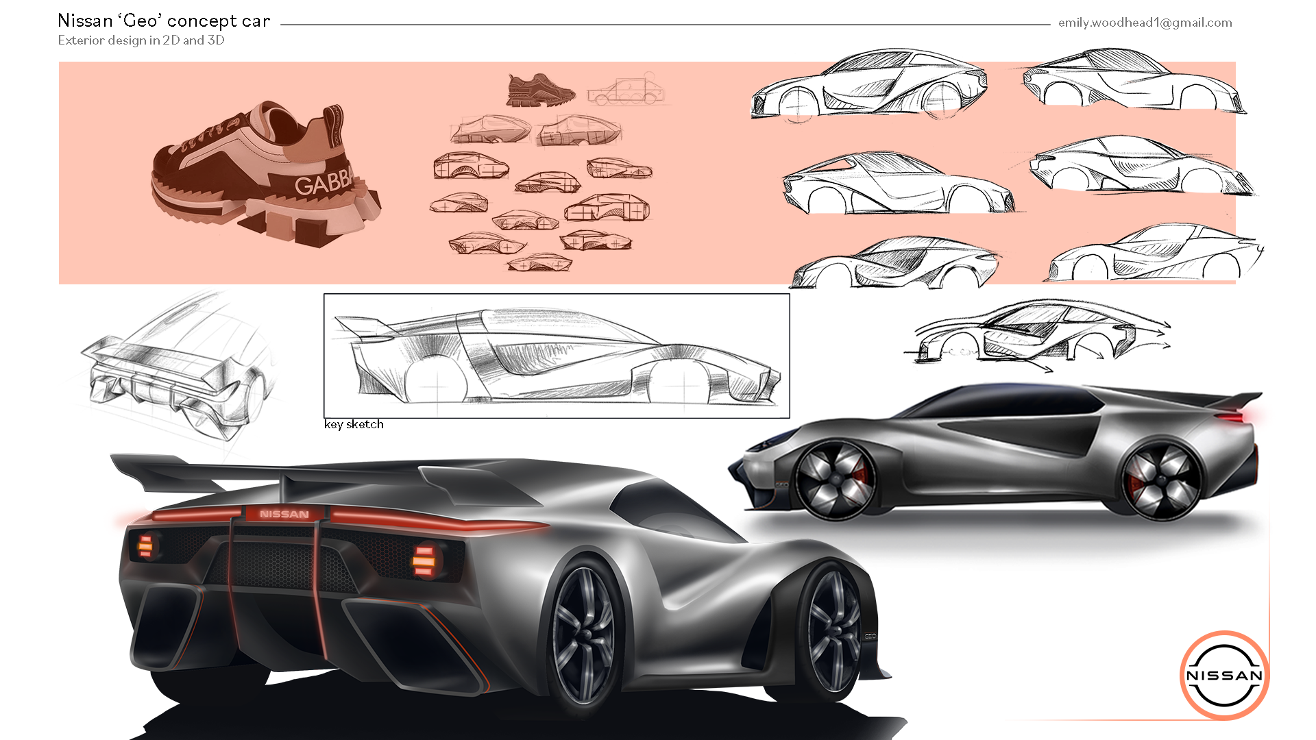 BA Visual effects work by Emily Woodhead, showing a page of sketches and high-detail drawings of the supercar design. The layout demonstrates a snippet of my design process.