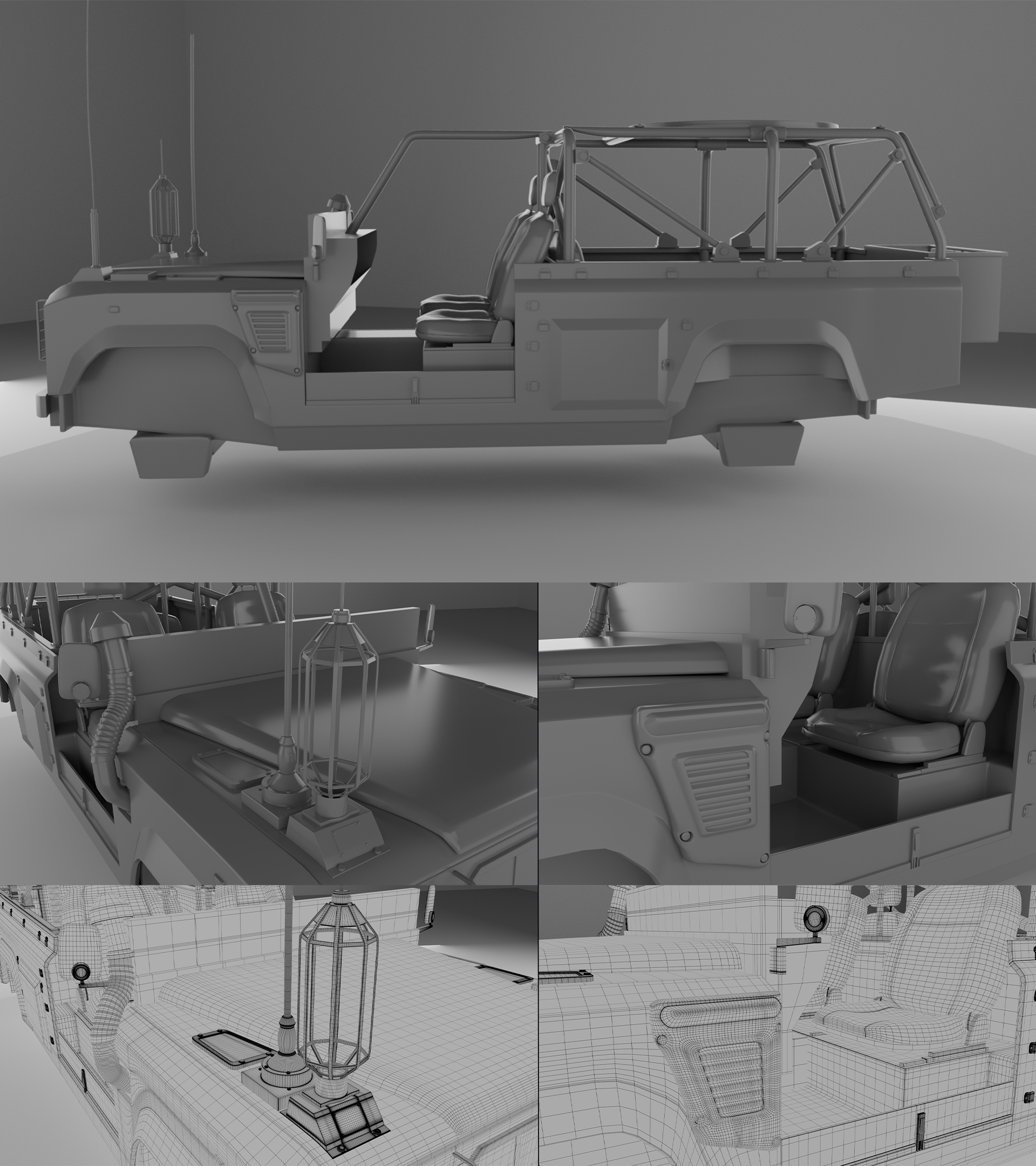 BA Visual effects work by Emily Woodhead, showing a military-grade Land Rover 3D model alongside corresponding shots of its wireframe mesh.