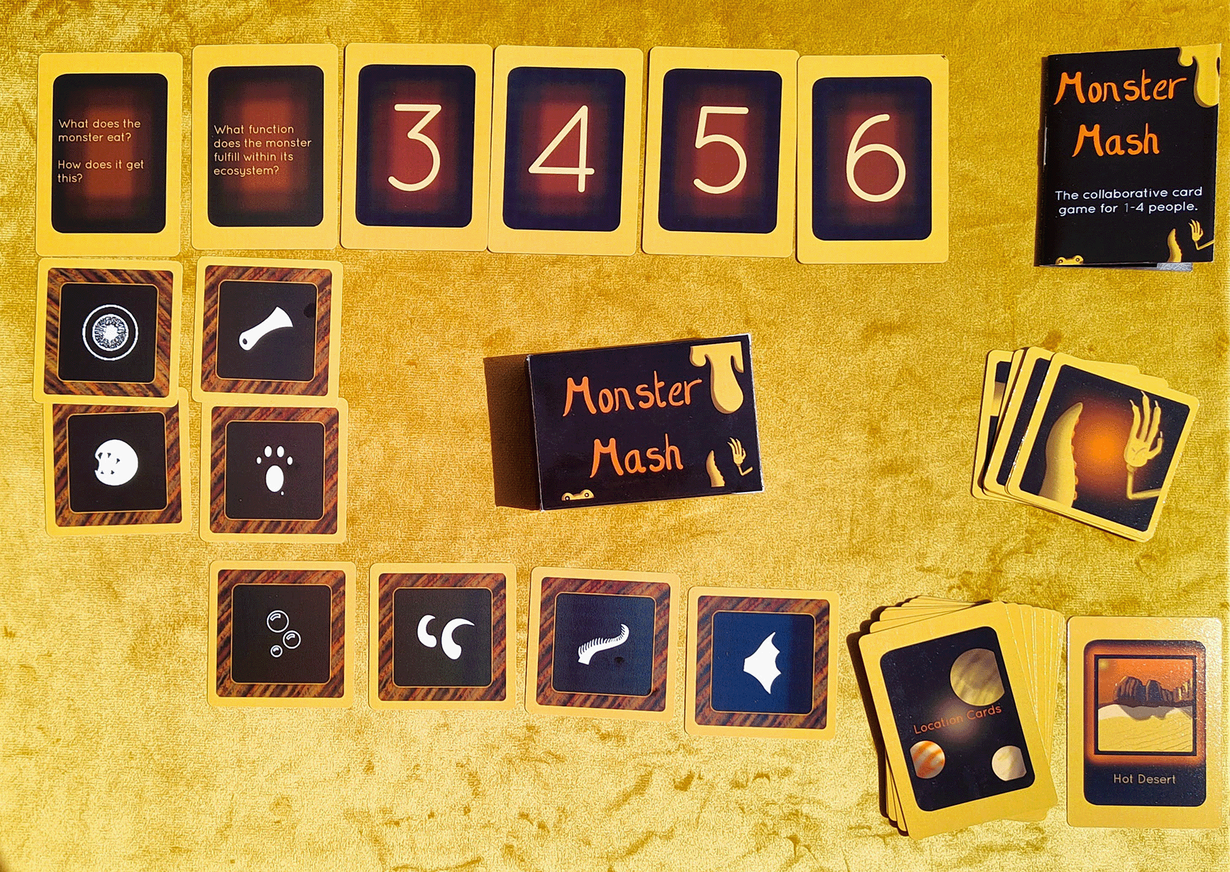 A card game featuring images of spaces, abstract representations of body parts, and a series of environmentally focused questions.