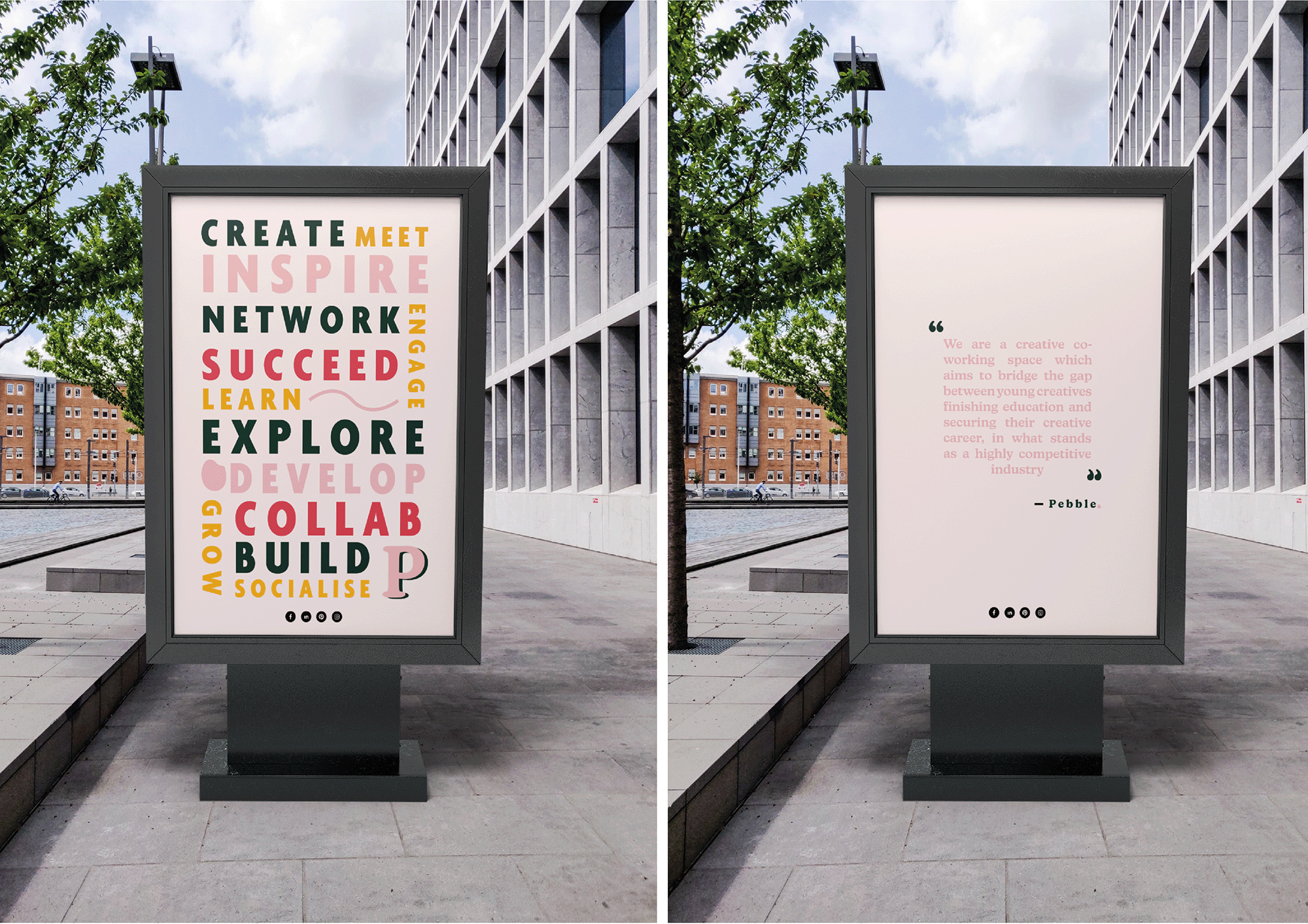 Visual mockup of Pebble Studio posters displayed in the city of Norwich