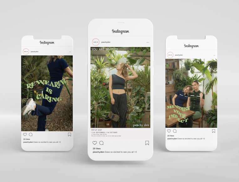 BA Fashion Communication and Promotion work by Faith Daniels showing three iPhone screens on Peachy Den's Instagram of the sustainability inspired photoshoot with sustainable messaging using green fun typography.