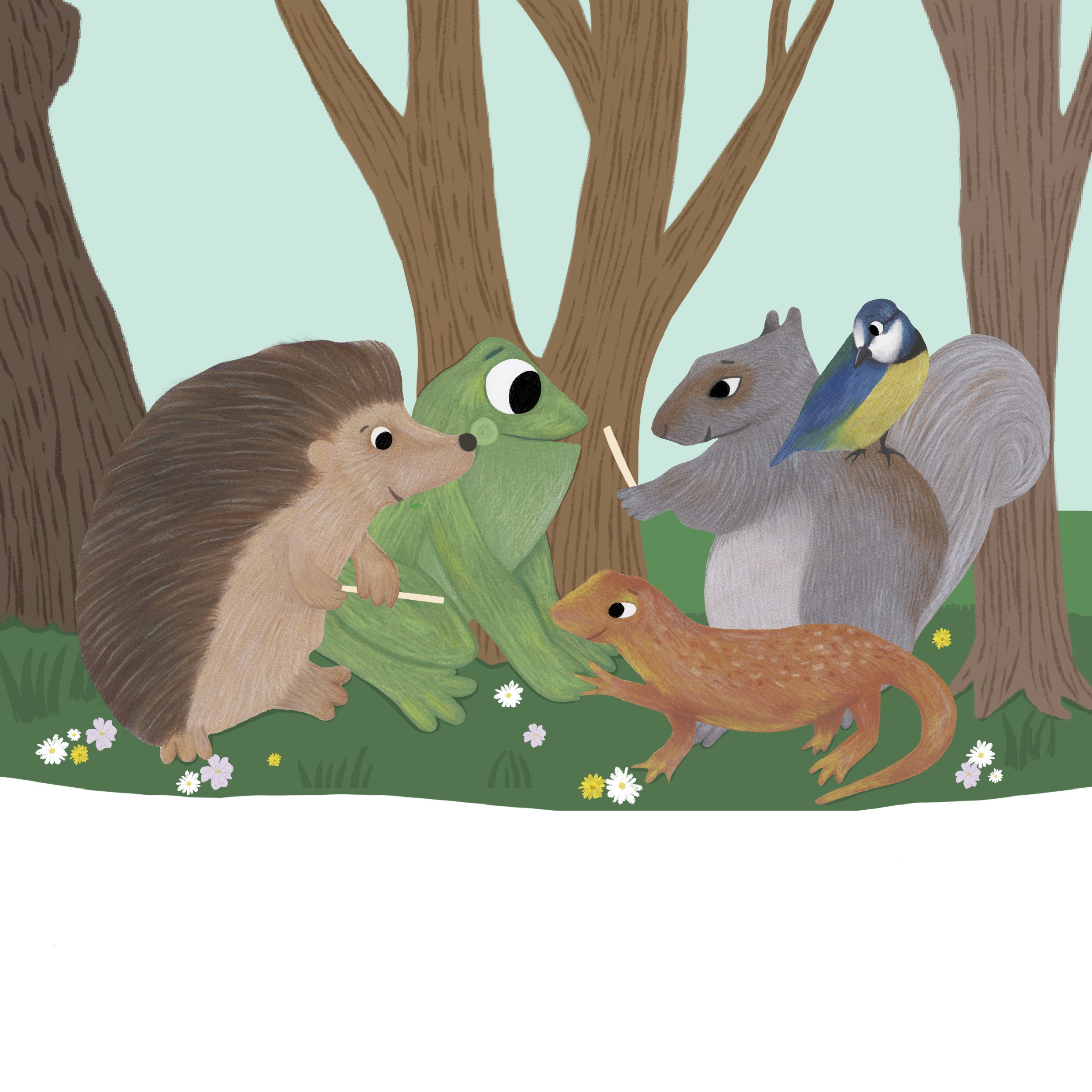 Frog & Hedgehog sending out tree warming invitations to their friends Newt, Squirrel & Bluetit