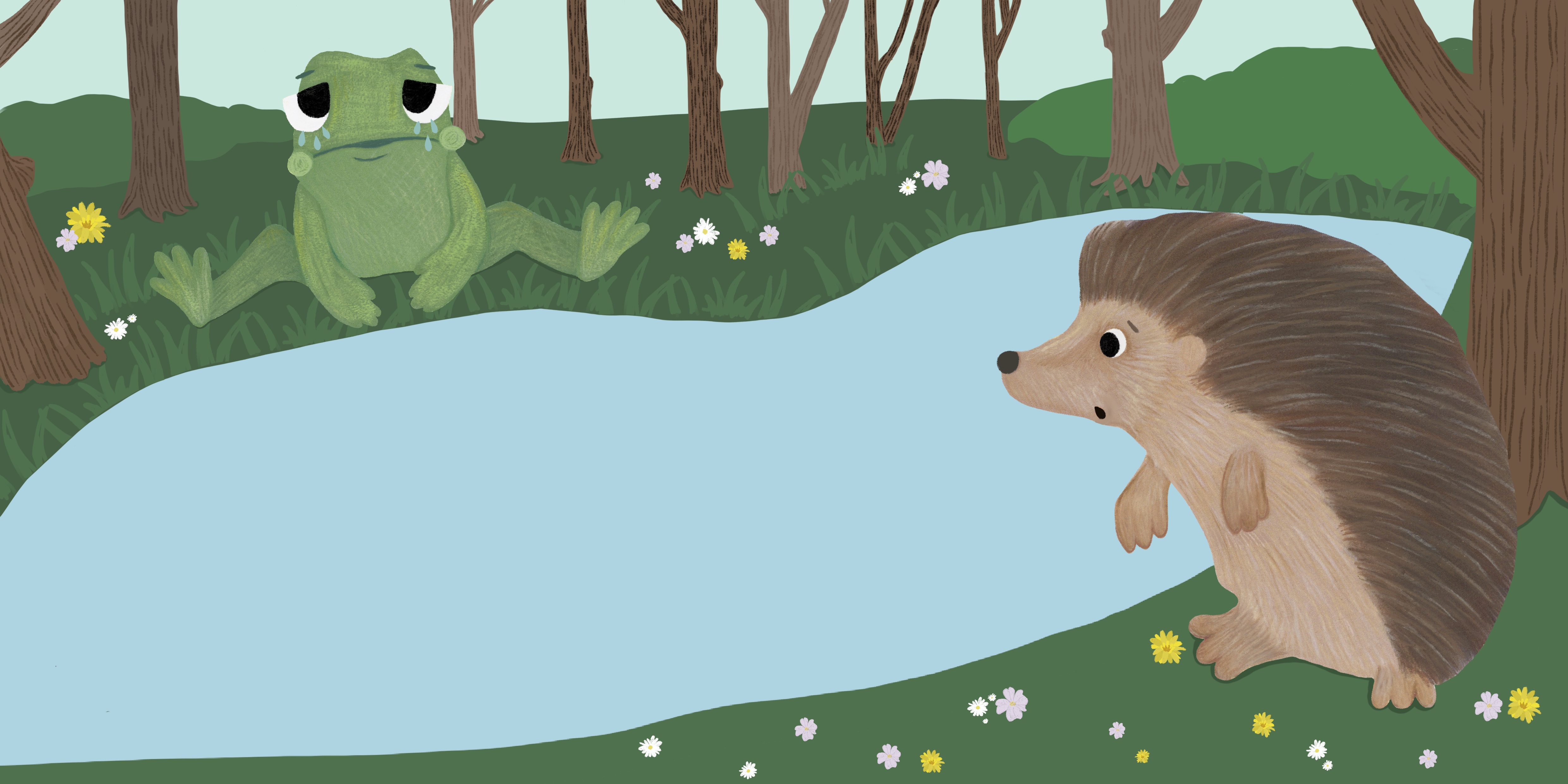 Pog the frog crying across the pond from their friend Hedgehog. Trying to make the treehouse alone but failing.