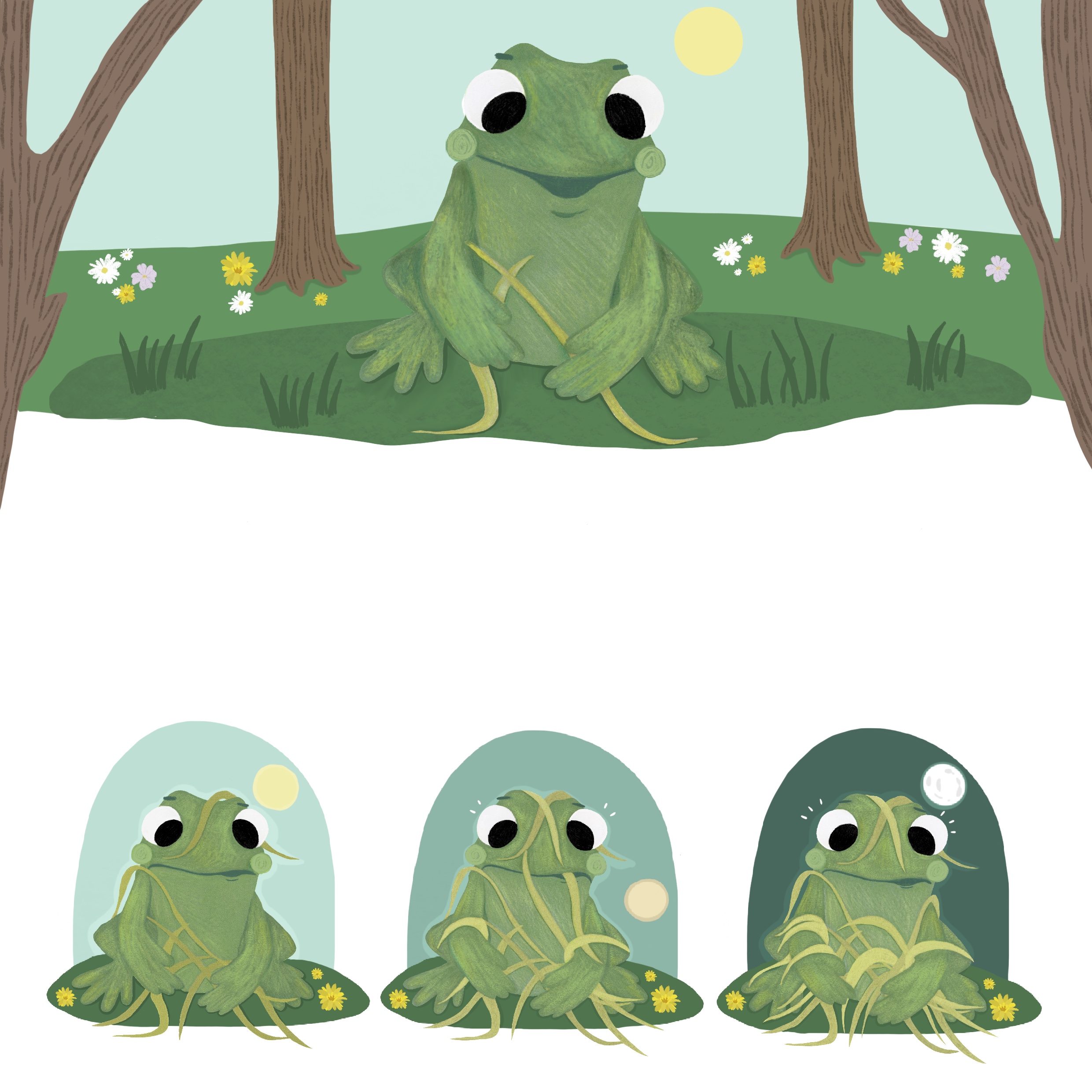 Pog the frog struggling to build the treehouses structure out of straw. The images showing the stages of Pog's struggle.