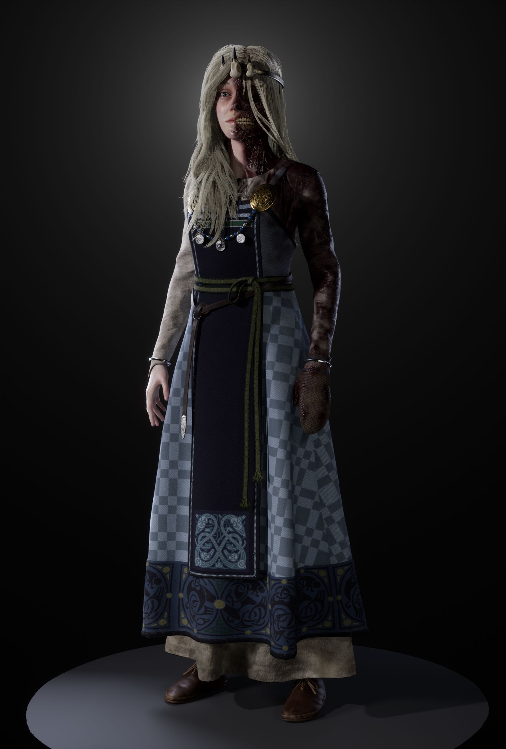 A full body shot of Hel. She wears a blue apron dress with embroidered knotwork.