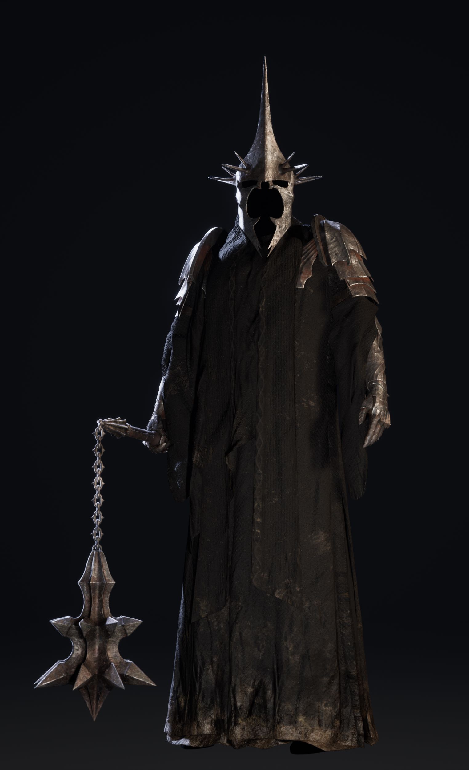 The Witch King. A figure in tattered black robes. He wears old iron armour on his arms and crown like helmet. He holds a large flail in his right hand.
