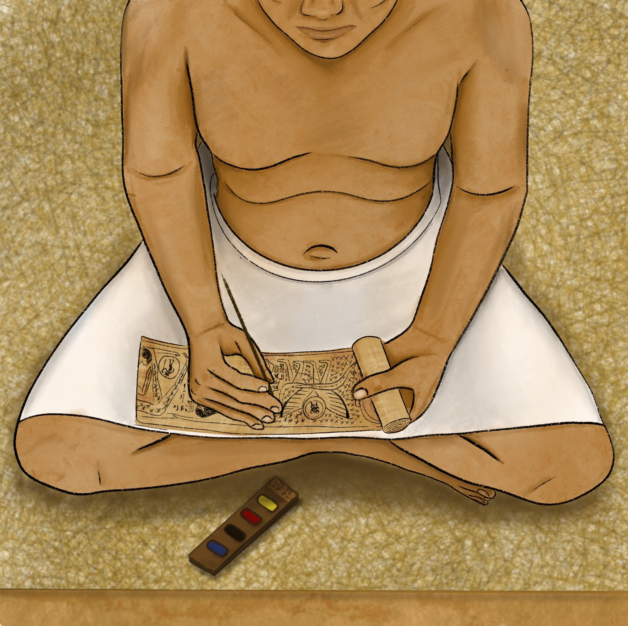 An Egyptian scribe sits cross-legged on a mat drawing onto a sheet of rolled papyrus.