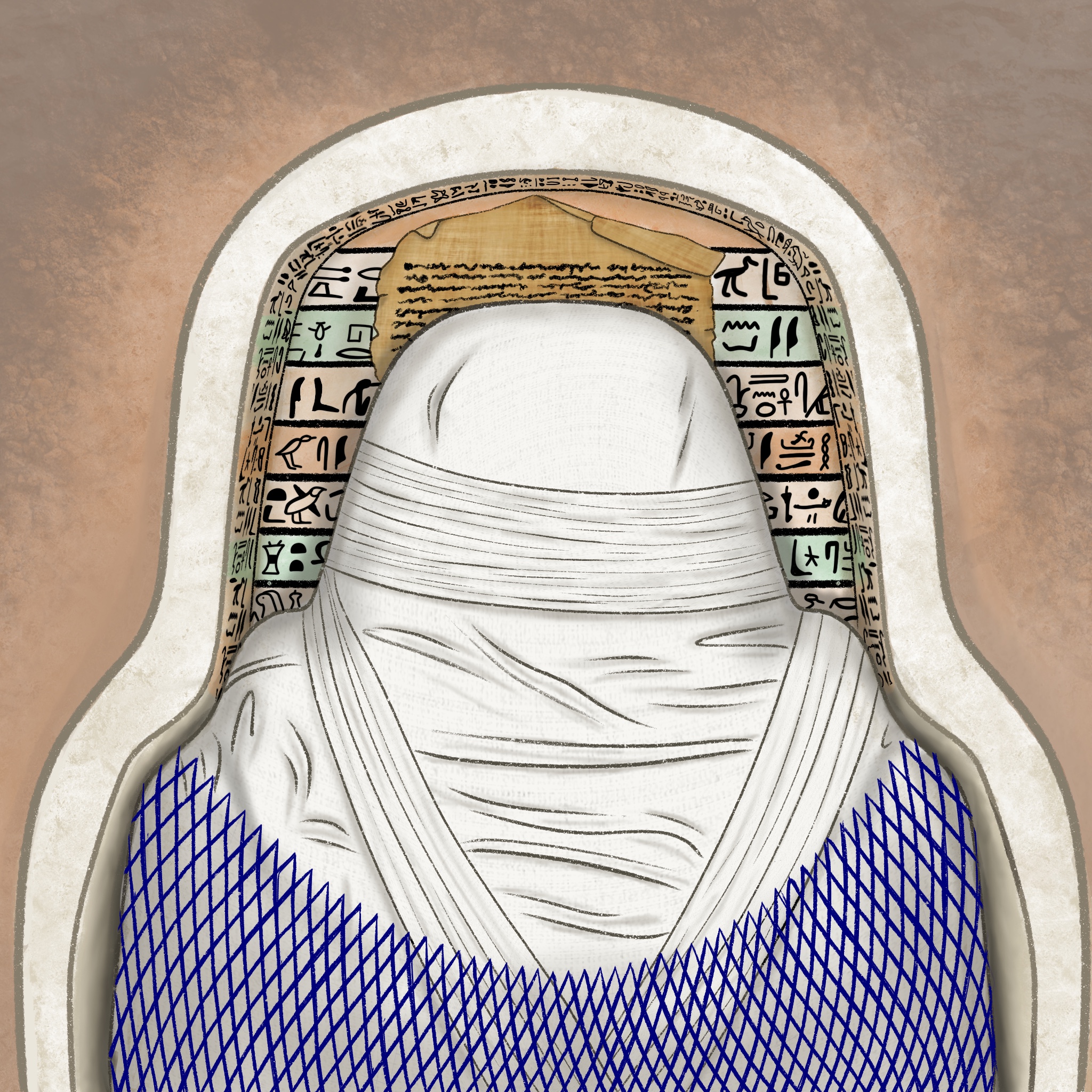 An Egyptian mummy lies in a white stone sarcophagus with a sheet of papyrus behind its head.
