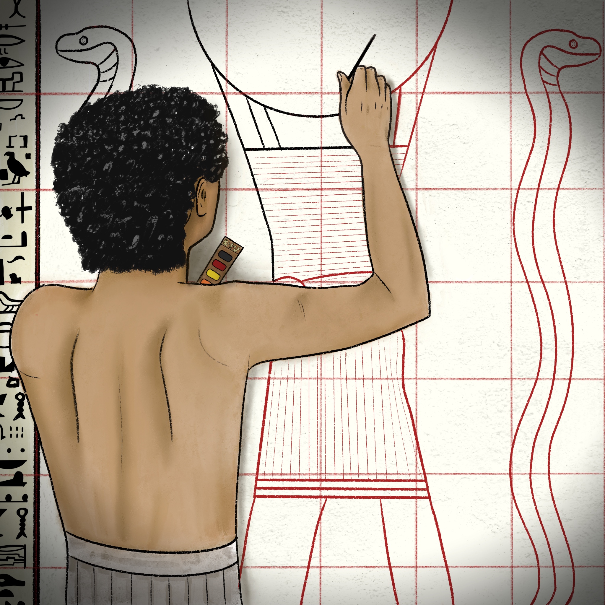An Egyptian scribe stands drawing a large scene from the afterlife onto a wall.
