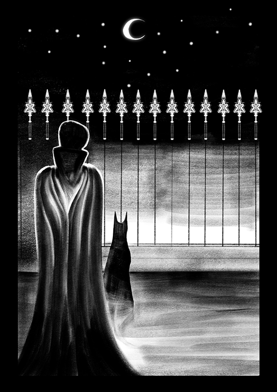 BA illustration work by Camille Bakal, depicting a figure of a person and a dog basking in moon light surrounded by darkness.