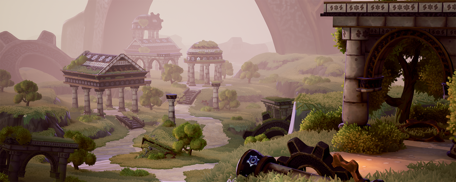 BA Games Art & Design UE4 game environment by George Cutler showing overgrown ruins, trees and giant mythical gears.