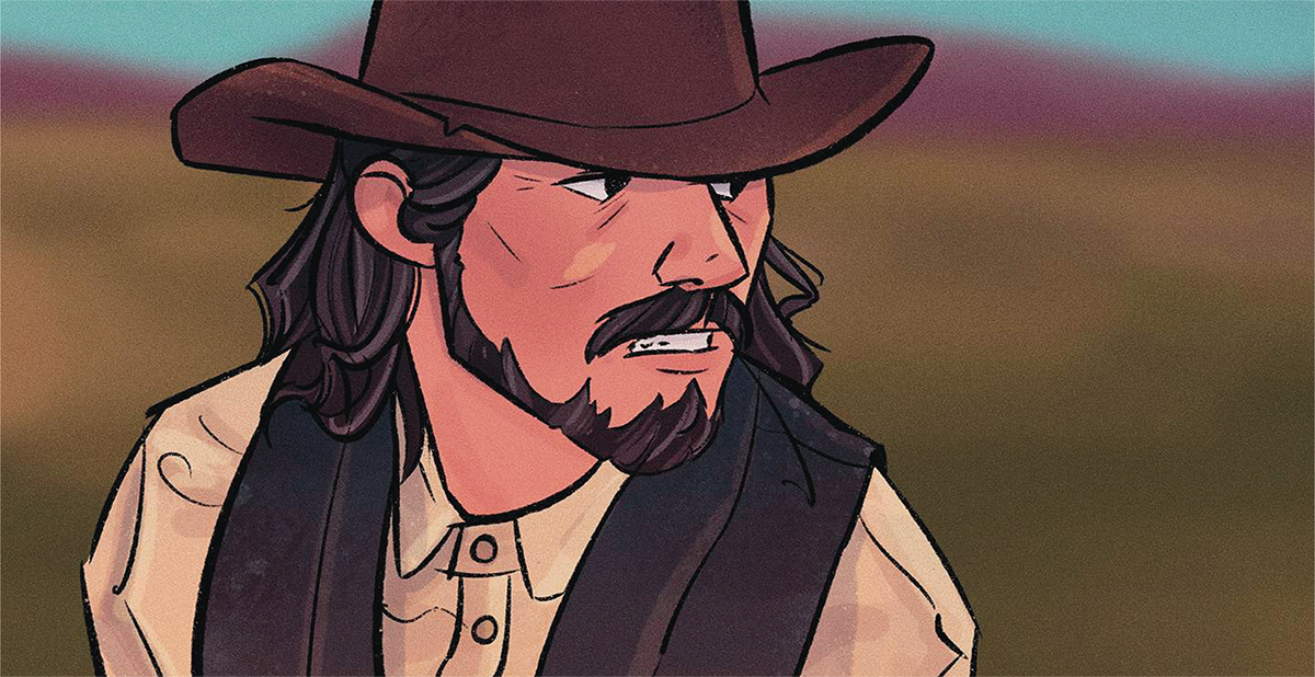 A close-up digital portrait of a cowboy called Davy Sinclair by Georgia Holland. He has black hair and a beard, and wears a brown hat, a white shirt, and a dark grey waistcoat.