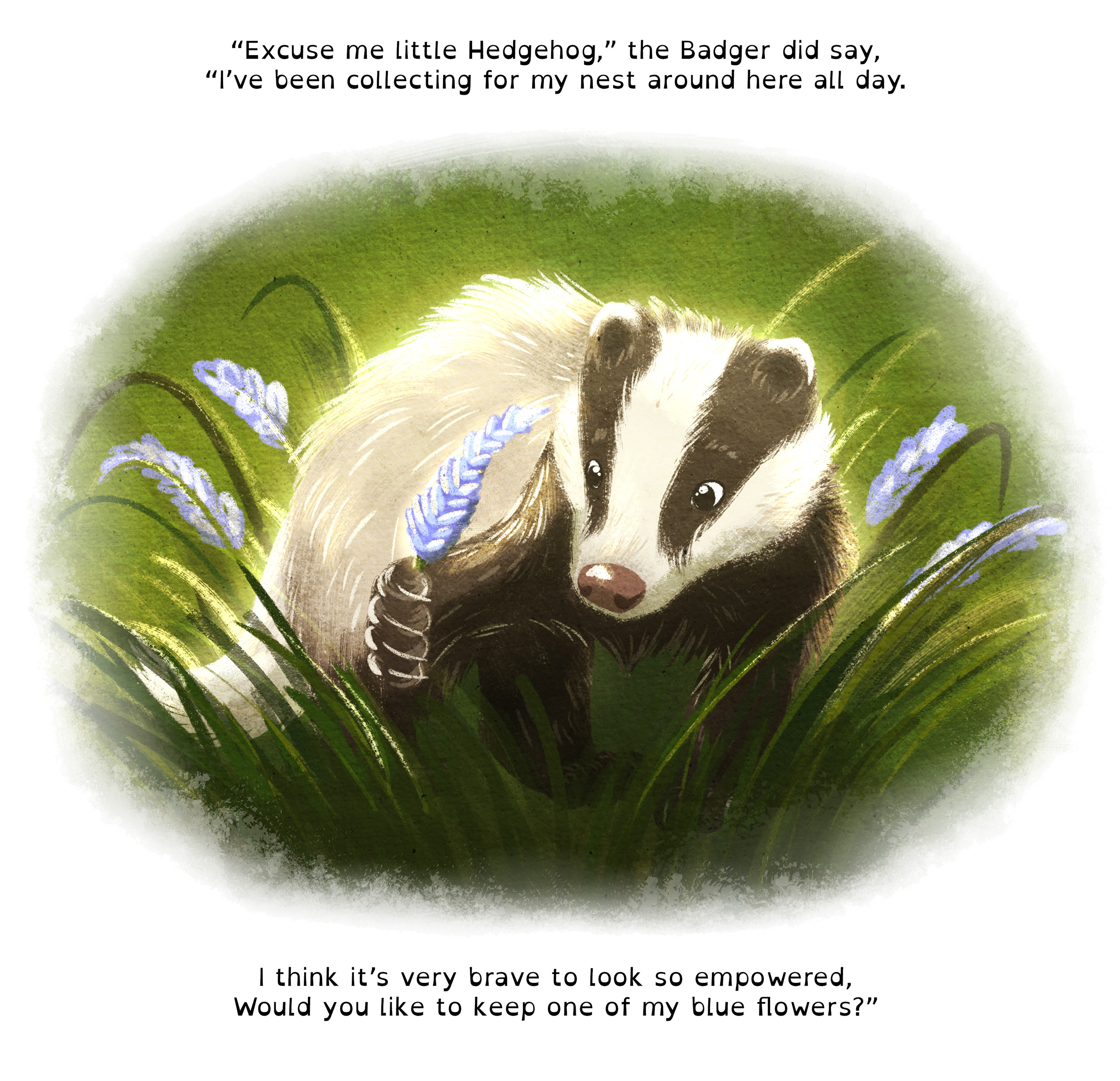 Page of What the Forest Has in Store by G. A. McAndrew, showing a badger amongst long grass and blue flowers