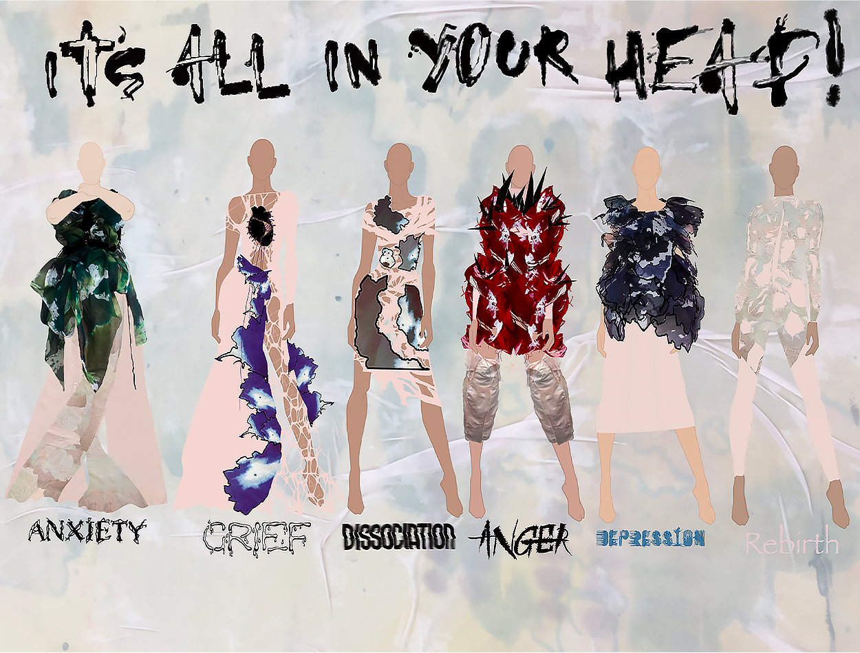 'BA Fashion Design digital skills work by Grace bridges showing digitally drawn line up of different emotions felt when going through therapy: Depression, Anxiety, Dissociation, Anger, Grief and rebirth when you come out the other end.'