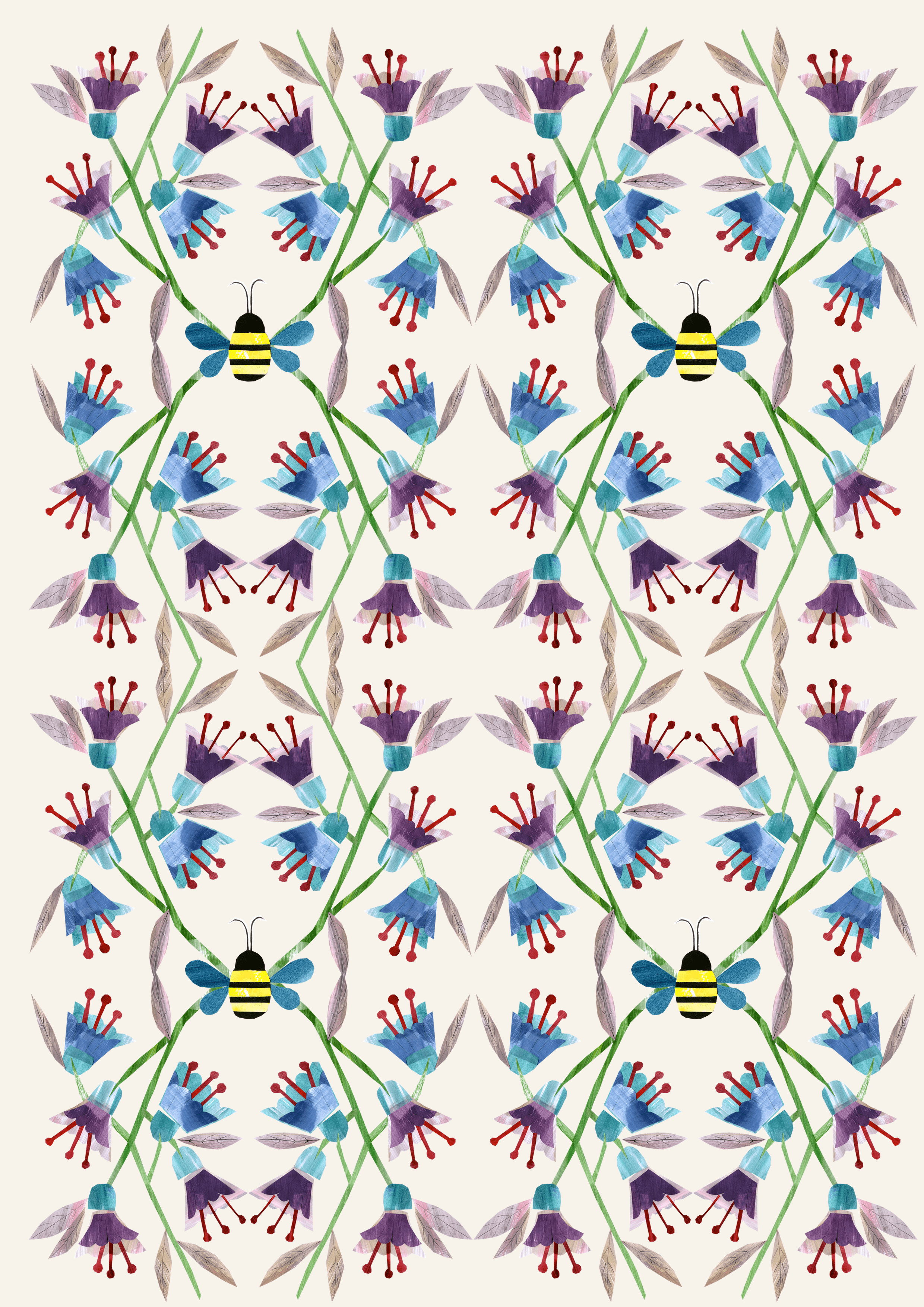 Wallpaper pattern of purple and blue flowers with bees by Hannah Dee