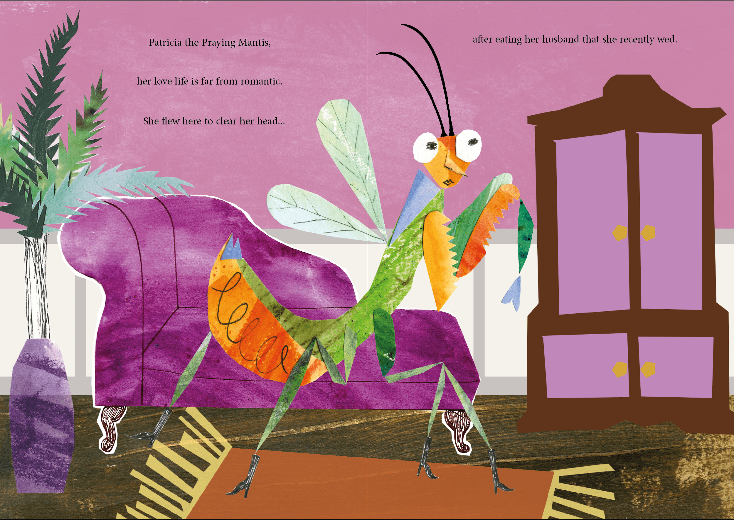 Double page spread from The Hive Hotel Book, showing a collage praying mantis inside a pink hotel room