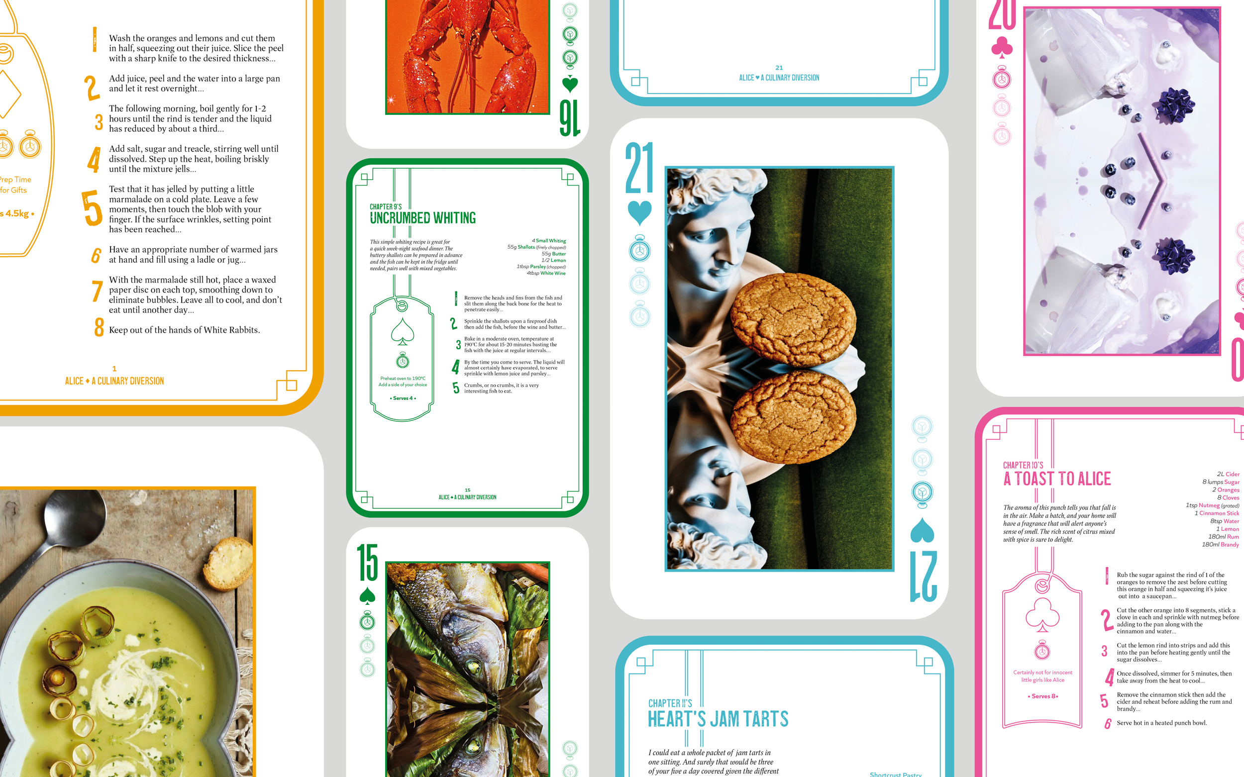 BA Design for Publishing work by Hannah Goldsmith showing a selection of brightly coloured recipe cards with a playing card aesthetic for an Alice in Wonderland inspired Cookbook.
