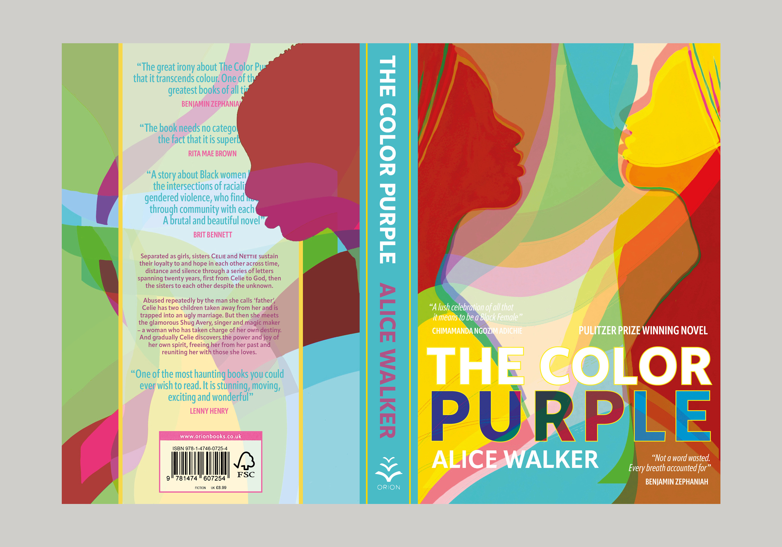 BA Design for Publishing work by Hannah Goldsmith showing a bright abstract design with colourful silhouettes for the book: The Color Purple written by Alice Walker