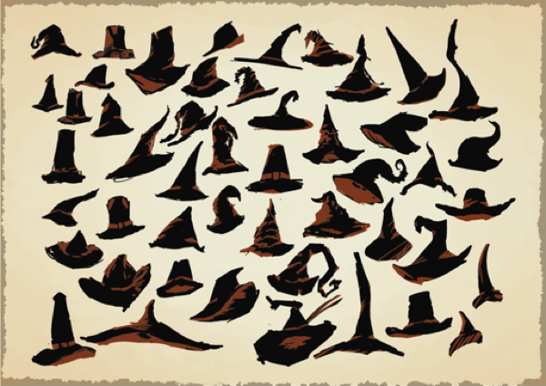 A selection of roughly illustrated pilgrim, witch and wizard hats, all drawn in black with burnt orange detailing. Most hats having a wide brim and tall crown.