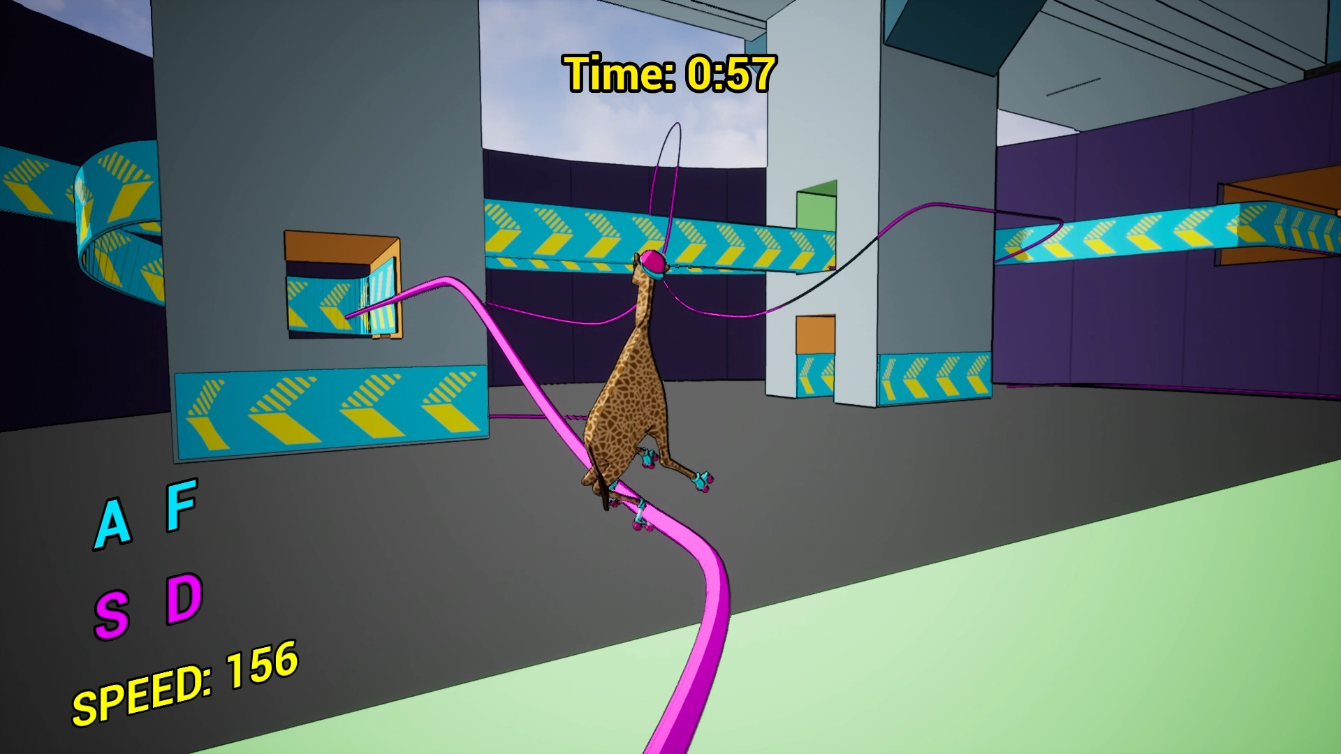 A screenshot of Skate Skoot Giraffe, a shorter university project. A giraffe on rollerskates grinding on a rail with his hind feet.