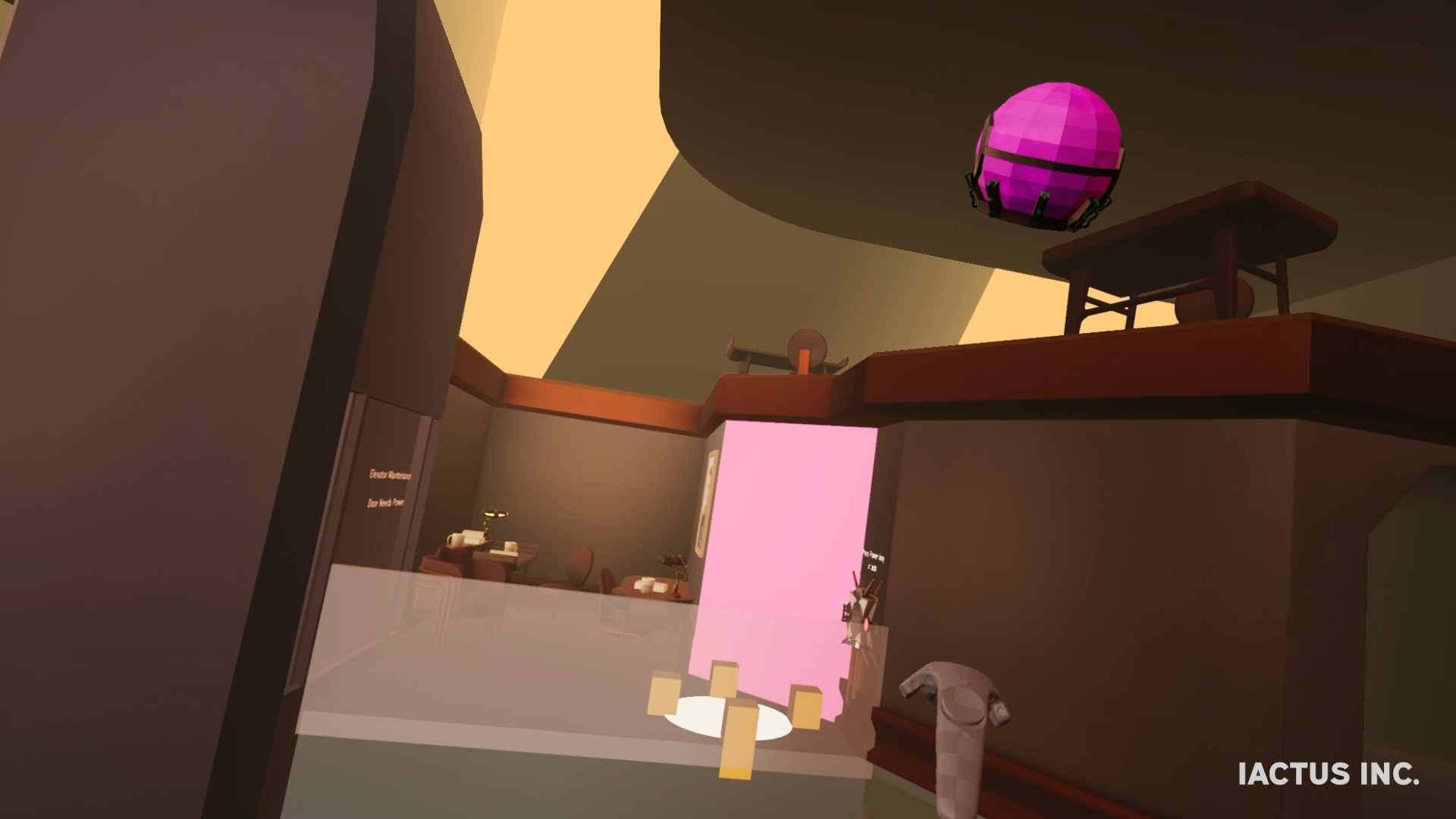 A screenshot of Iactus Inc. My final university project. A player throwing a vial at a wall, in a surrealist environment.