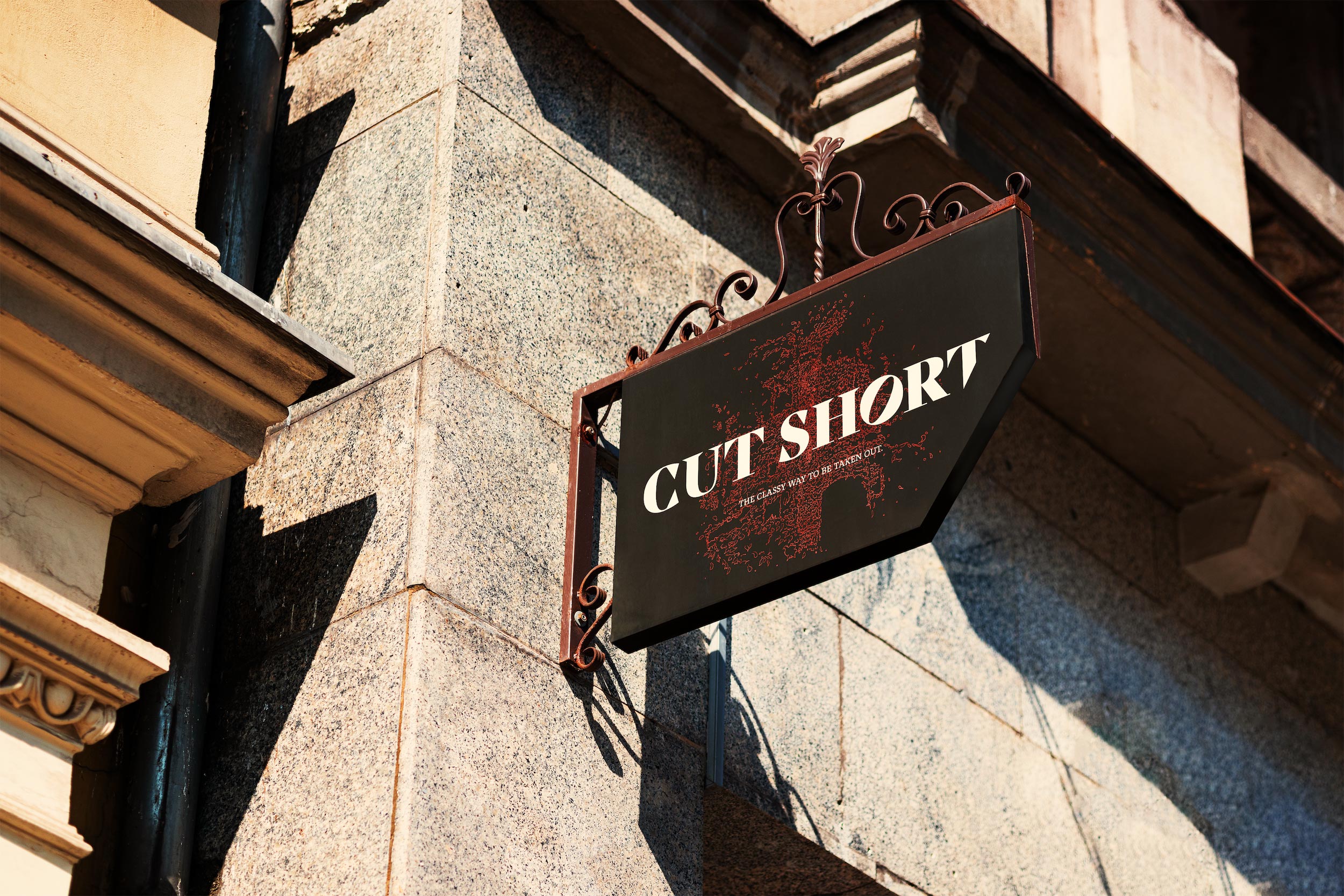 BA Graphic Communications work by Henry Gadsdon displaying the 'Cut Short' restaurant sign, a playful restaurant experience with an edge.