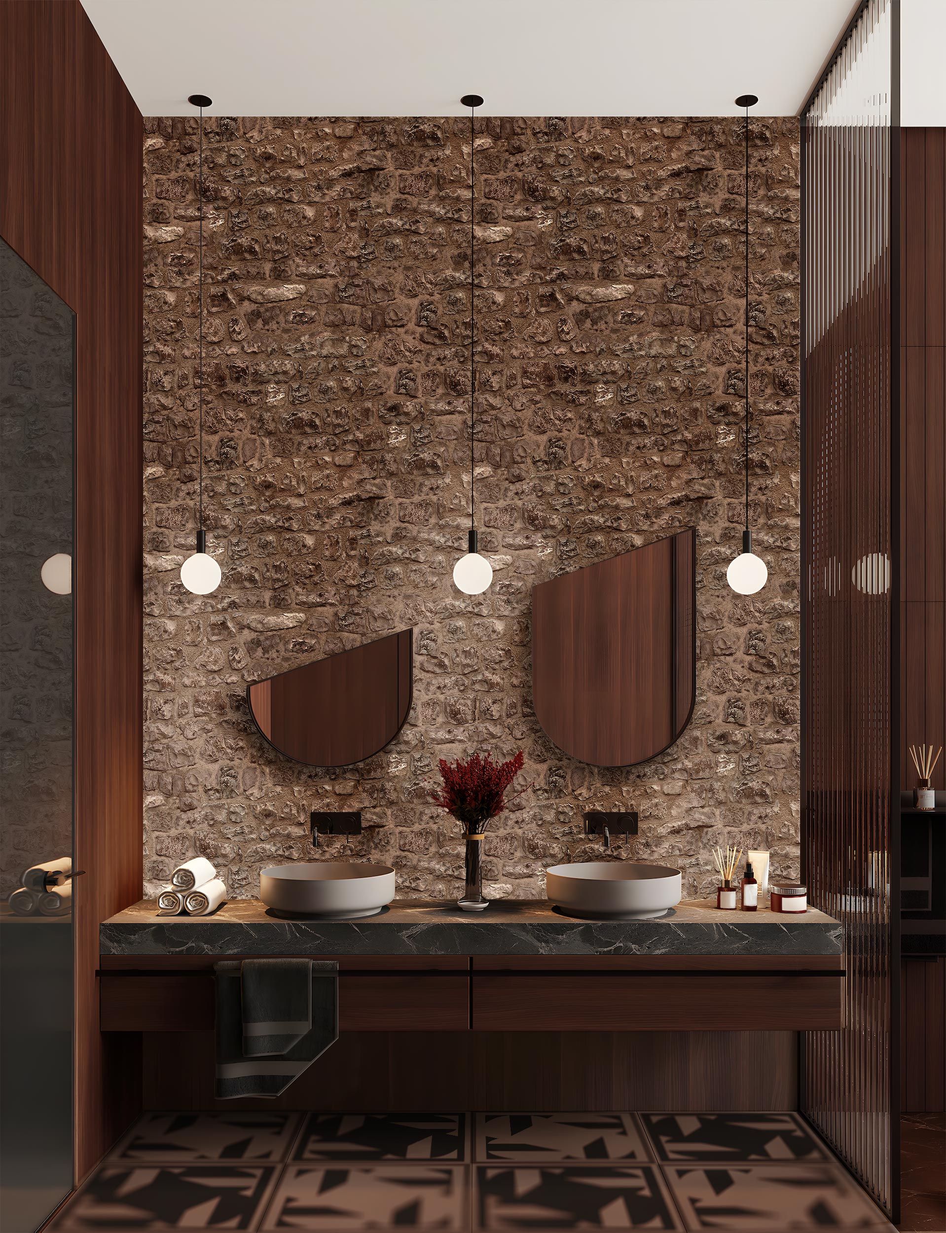Image of a modern restaurant bathroom, with wall hangings sliced at an angle