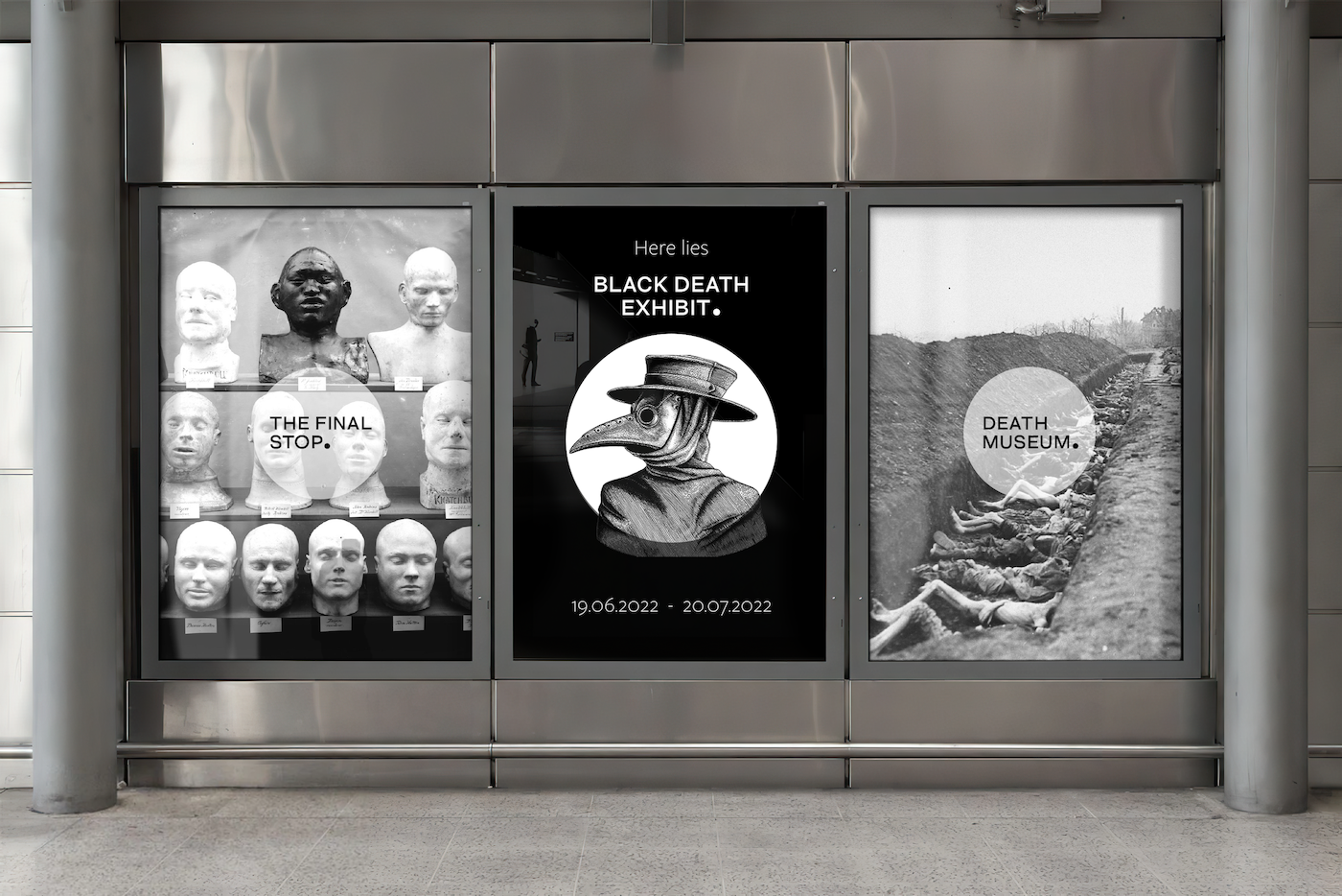 Three black and white posters promoting The Death Museum. On the left, a photograph of sculpted heads on shelves, with a circle shape in the centre and 'The final stop' written in black text. In the centre, a black background with a white circle in the middle. Inside the circle is a Plague Doctor. Above the circle in white text, 'Here lies Black Death Exhibit'. The final poster shows a black and white photo of bodies piled in trenches, with a faded white circle in the centre saying 'Death Museum' in black text. By Holly Carr, BA Graphic Communication