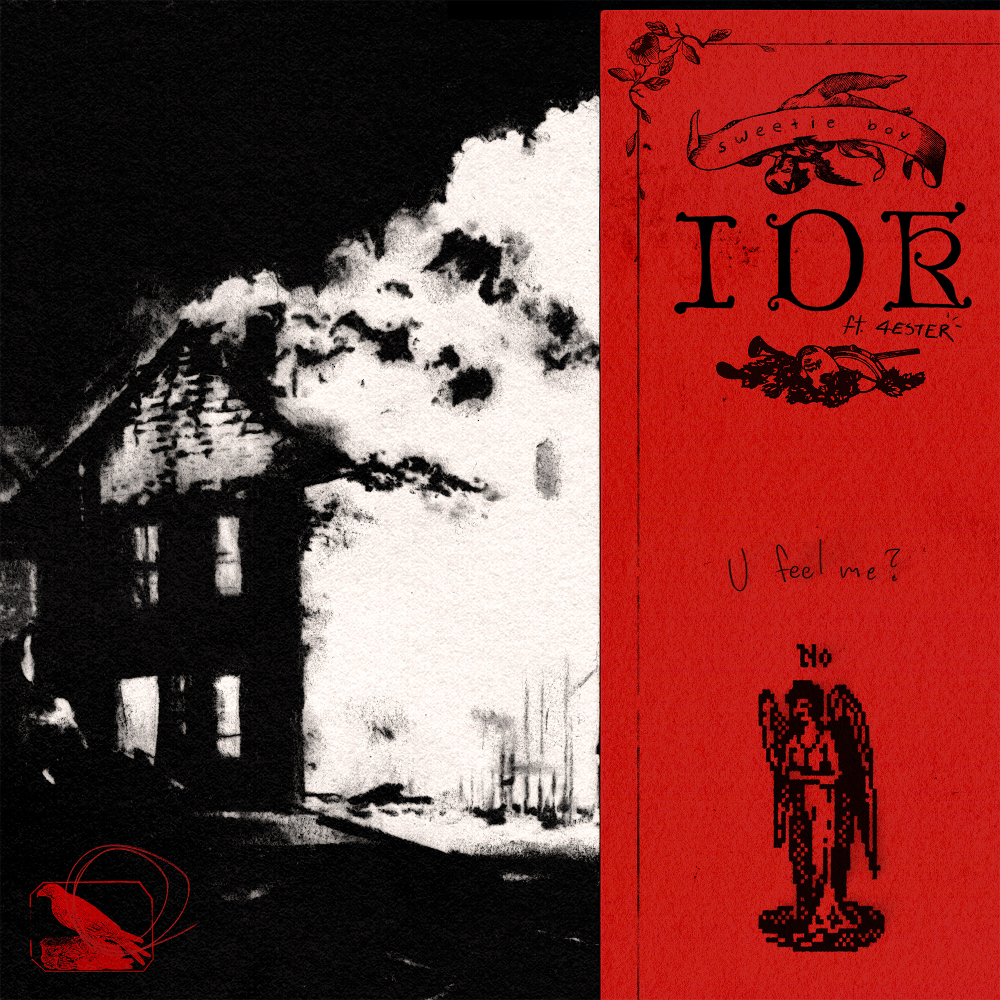 A single cover for the song IDK by Sweetie Boy featuring Forester, showing black and white illustration of a house, with a red section to the right with an angel illustration and the letters IDK.