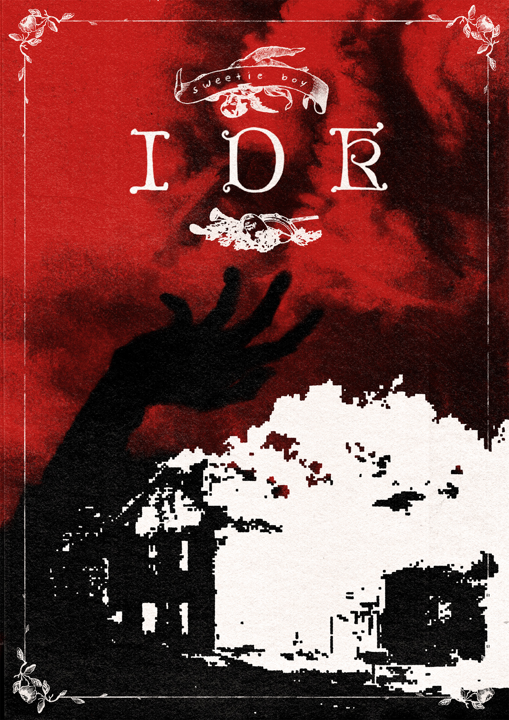 A poster for the song IDK by Sweetie Boy featuring Forester. Showing a black and white illustration of a house at the bottom of the poster, with a silhouette of a hand above the roof, in a cupping position. The letters IDK are above the hand, on a moody grey and red sky.