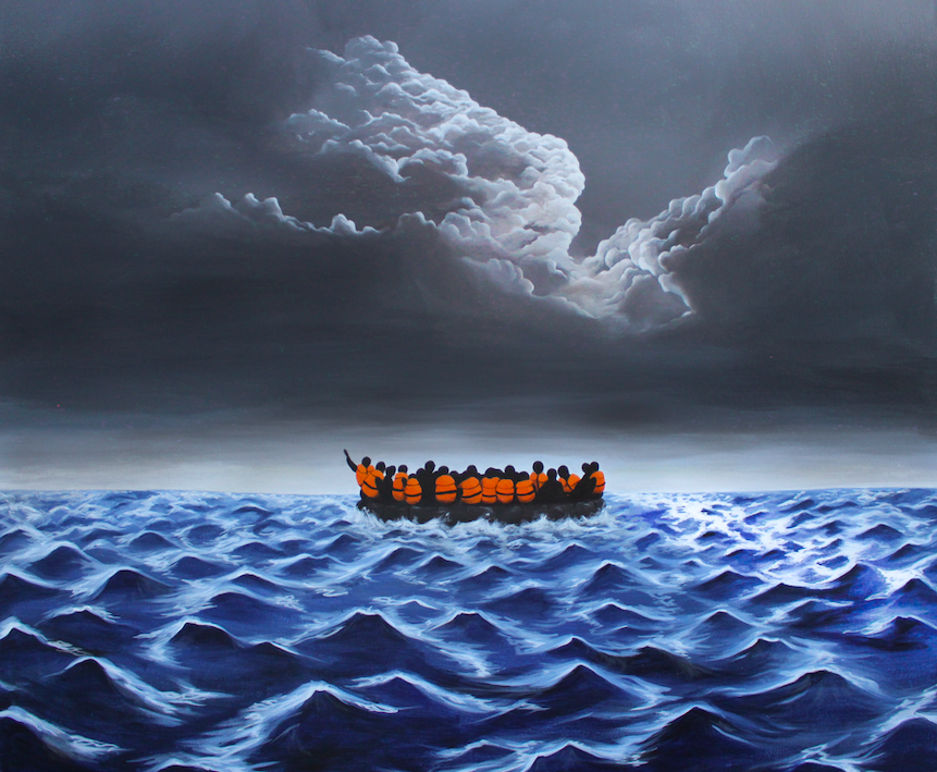 Fine Art work by Imogen Downs showing a refugee lifeboat in a harrowing seascape.