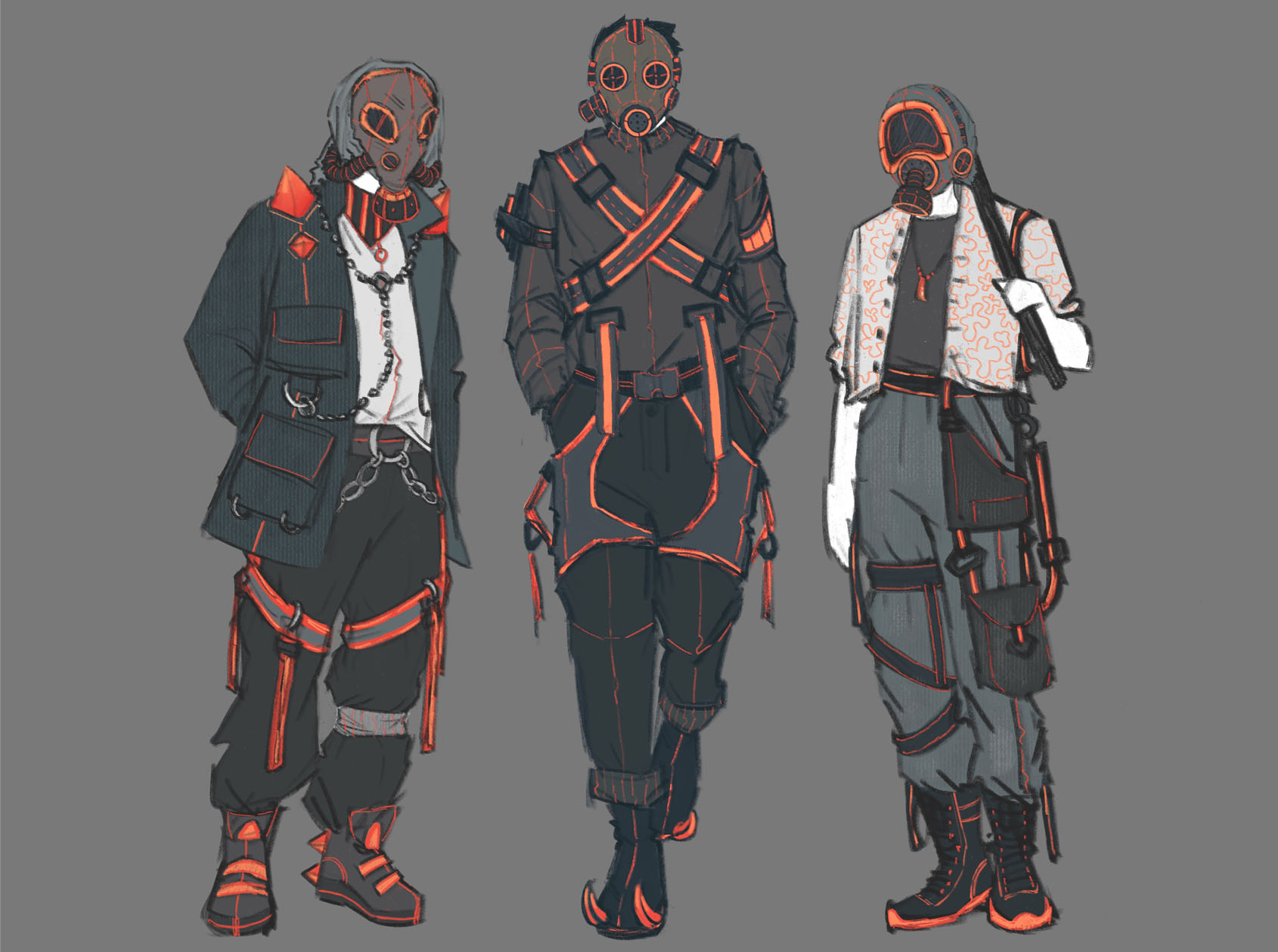An illustration of three enemy mob characters by Indi B. They wear grey and orange military fashion uniforms and gas masks.