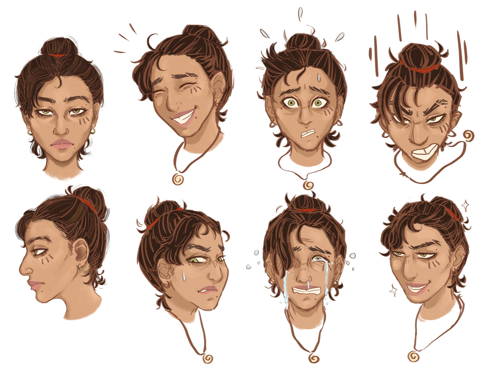 An illustration by Indi B of 8 portraits with varying expressions, showing the protagonist character Sol from different angles.