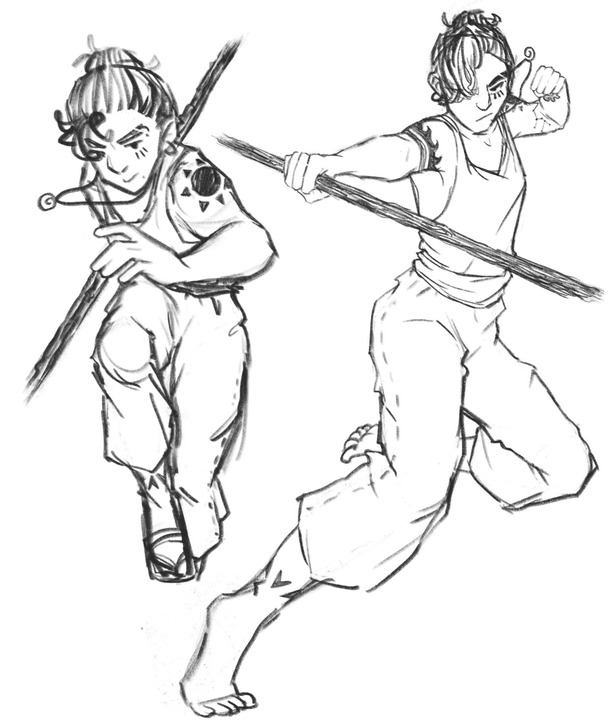 A black and white illustration of a character in two poses within combat from a front view angle, by Indi B. The character holds a weapon and launches towards the audience.