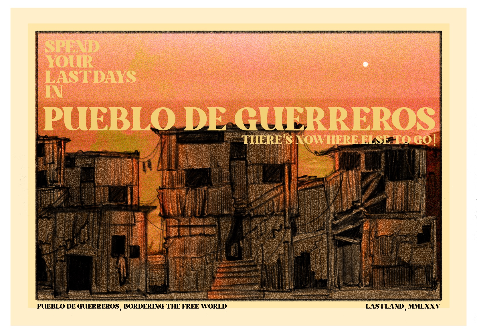 An illustrated postcard featuring a platform view of a slum like village by Indi B. The buildings are on stilts in the ocean. There is a sunset over the village.