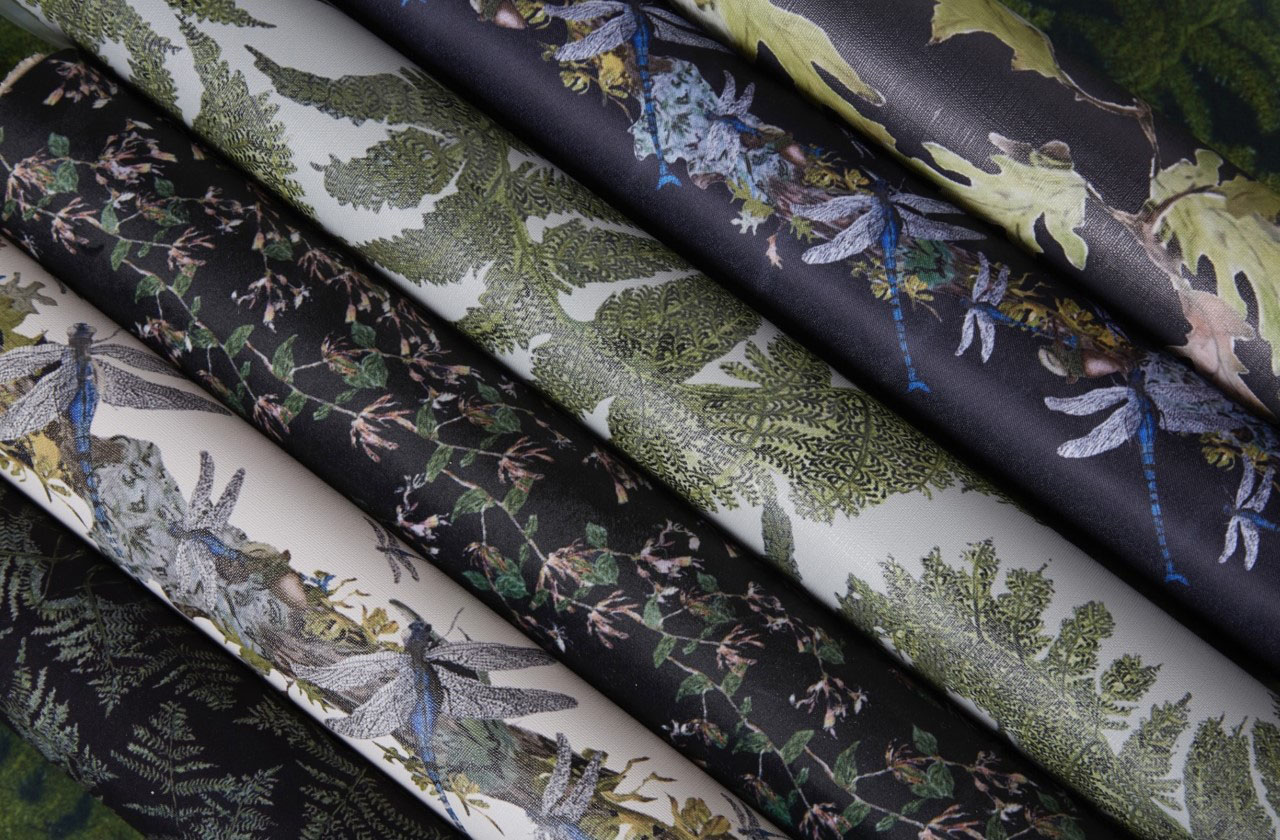 Textile Design work by Isabelle Golder showing drawings of British Nature on both wallpaper and fabric
