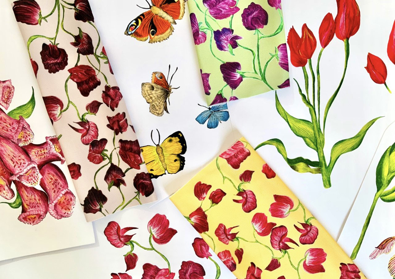 Print designs and drawings by Isabelle Golder showing bright flowers and wildlife