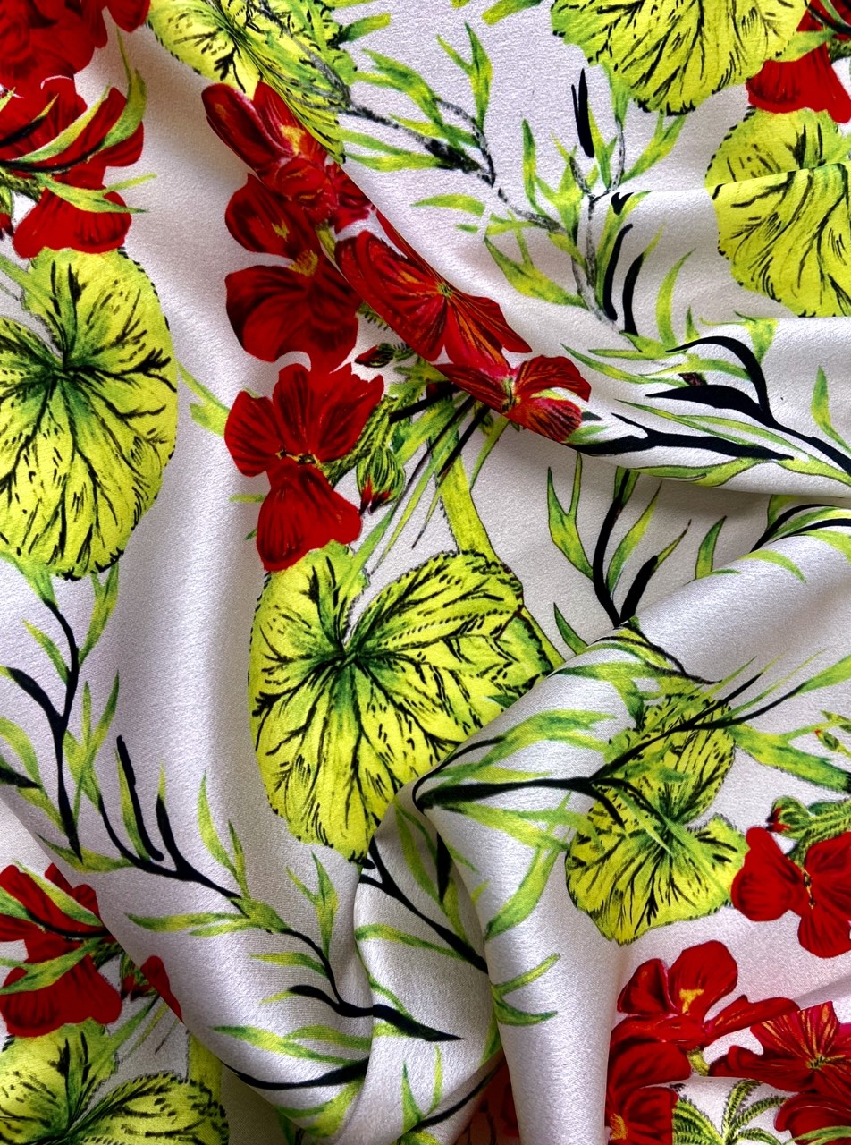 Print design by Isabelle Golder showing repeating peonies on silk