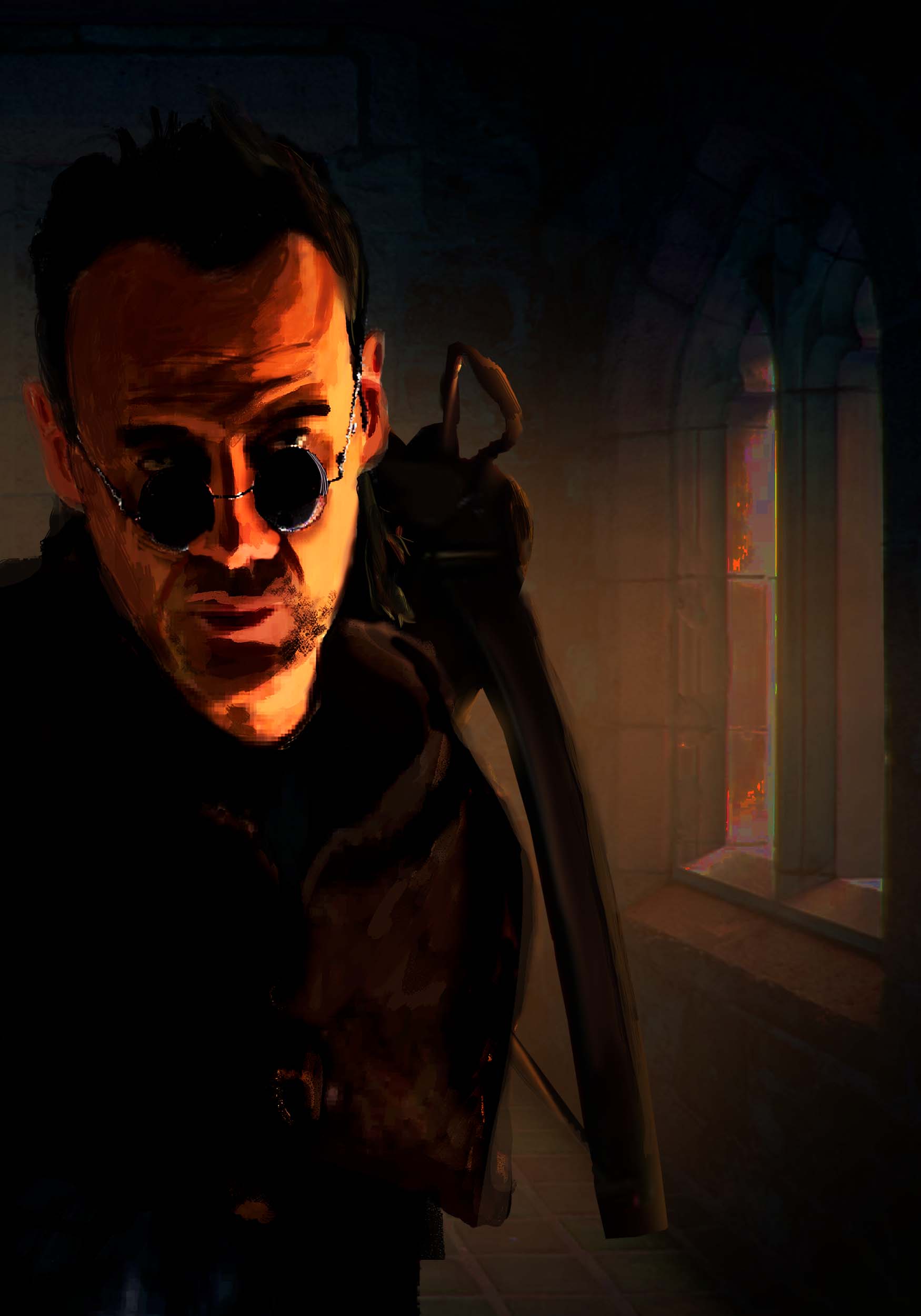 Concept artwork by Jack Oakes: An older man with glasses and a crossbow looks at the viewer with a kind of smug expression.