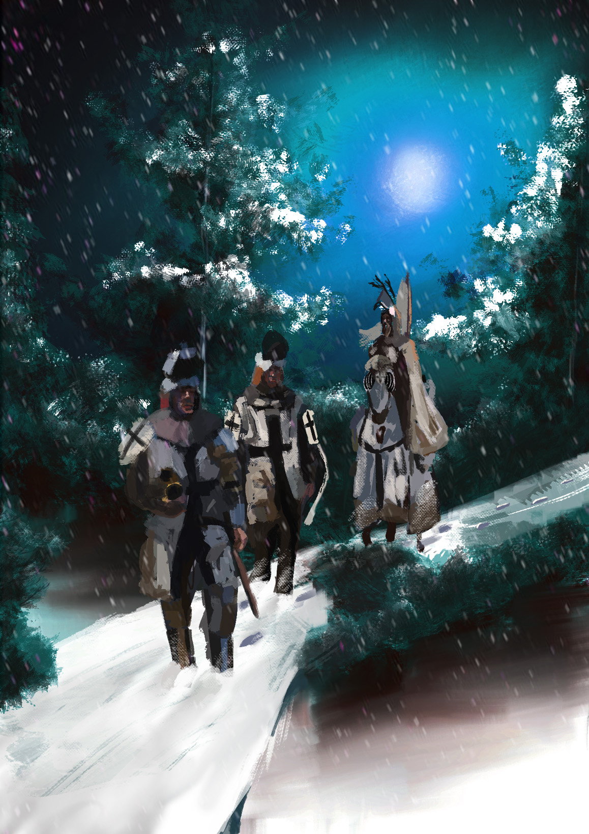 Concept artwork by Jack Oakes: Piece of knights coming through snow in the moonlight.
