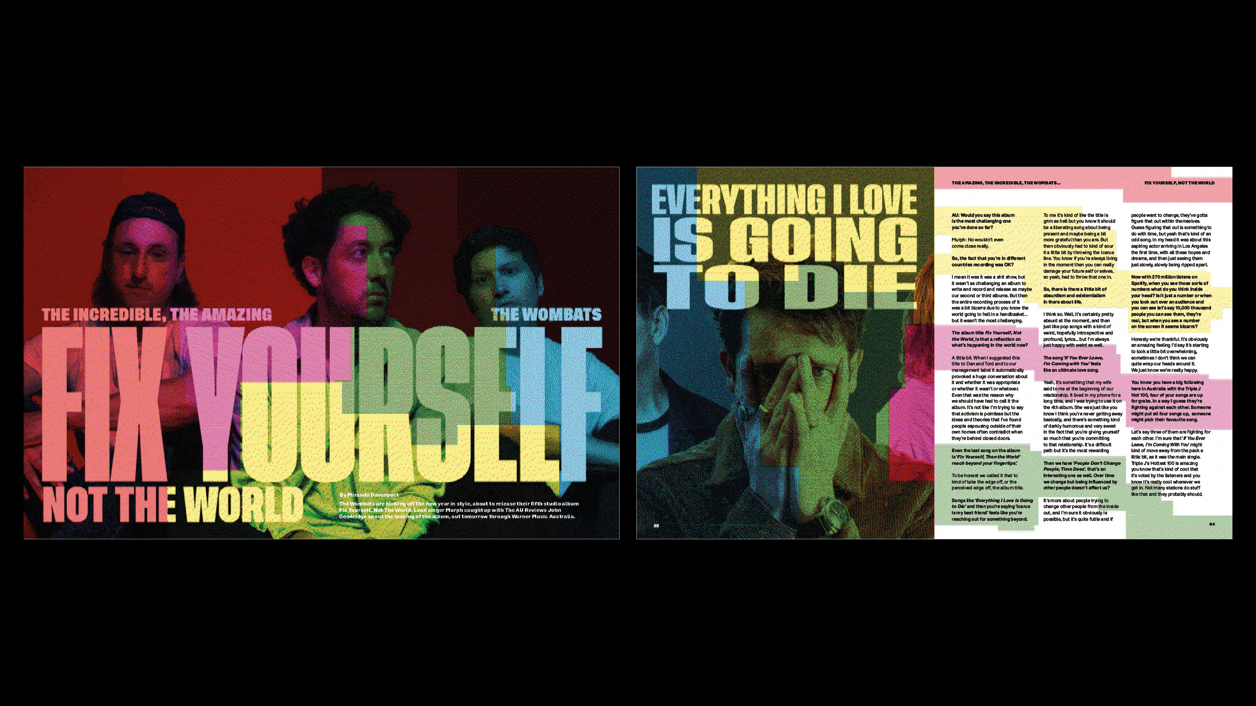 BA Design for Publishing Work by Jack Taylor, showcasing a series of editorial spreads themed around The Wombats.