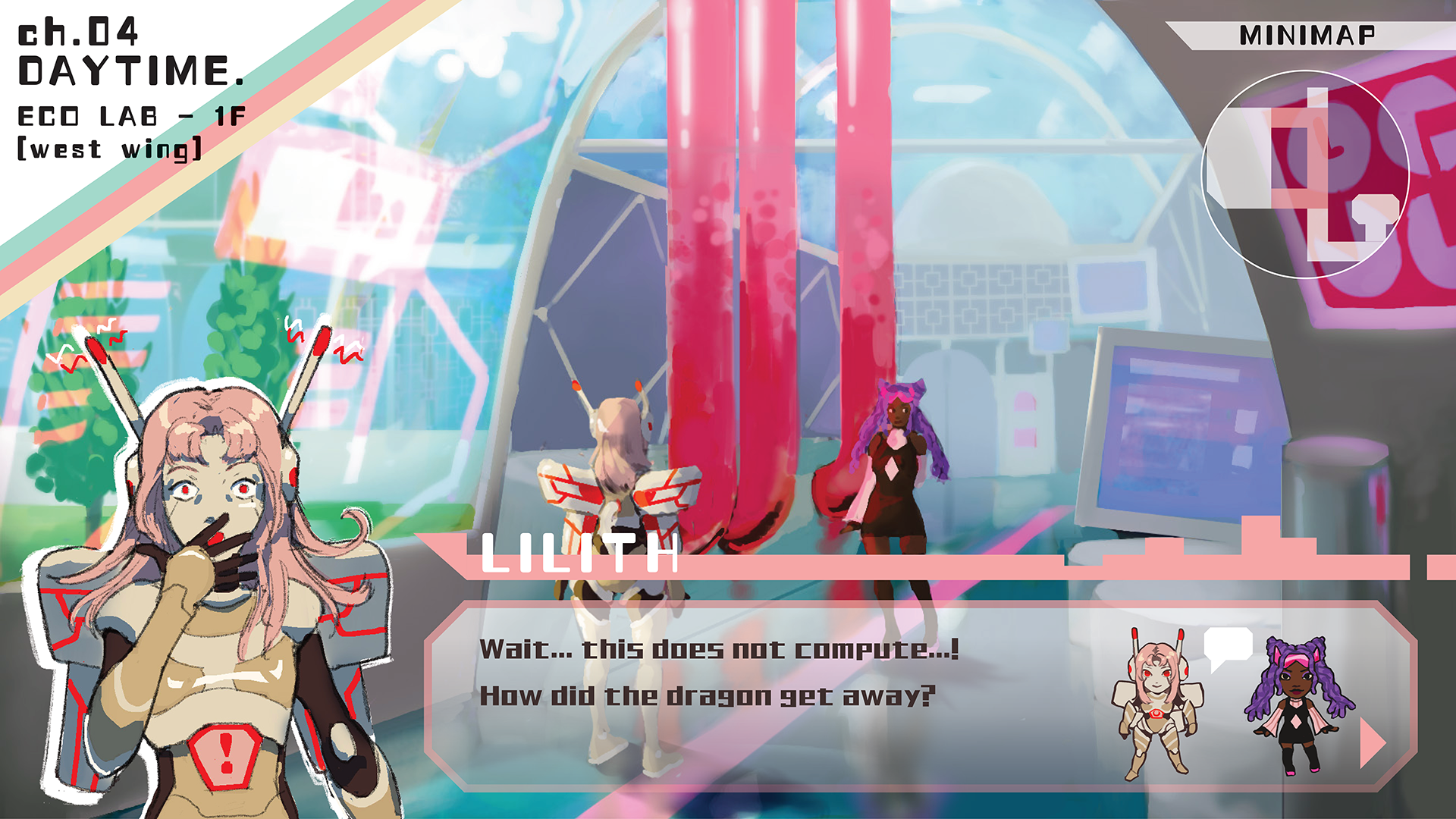 A screenshot mockup, featuring a UI and two characters on screen, showing how the world I created would look in game.