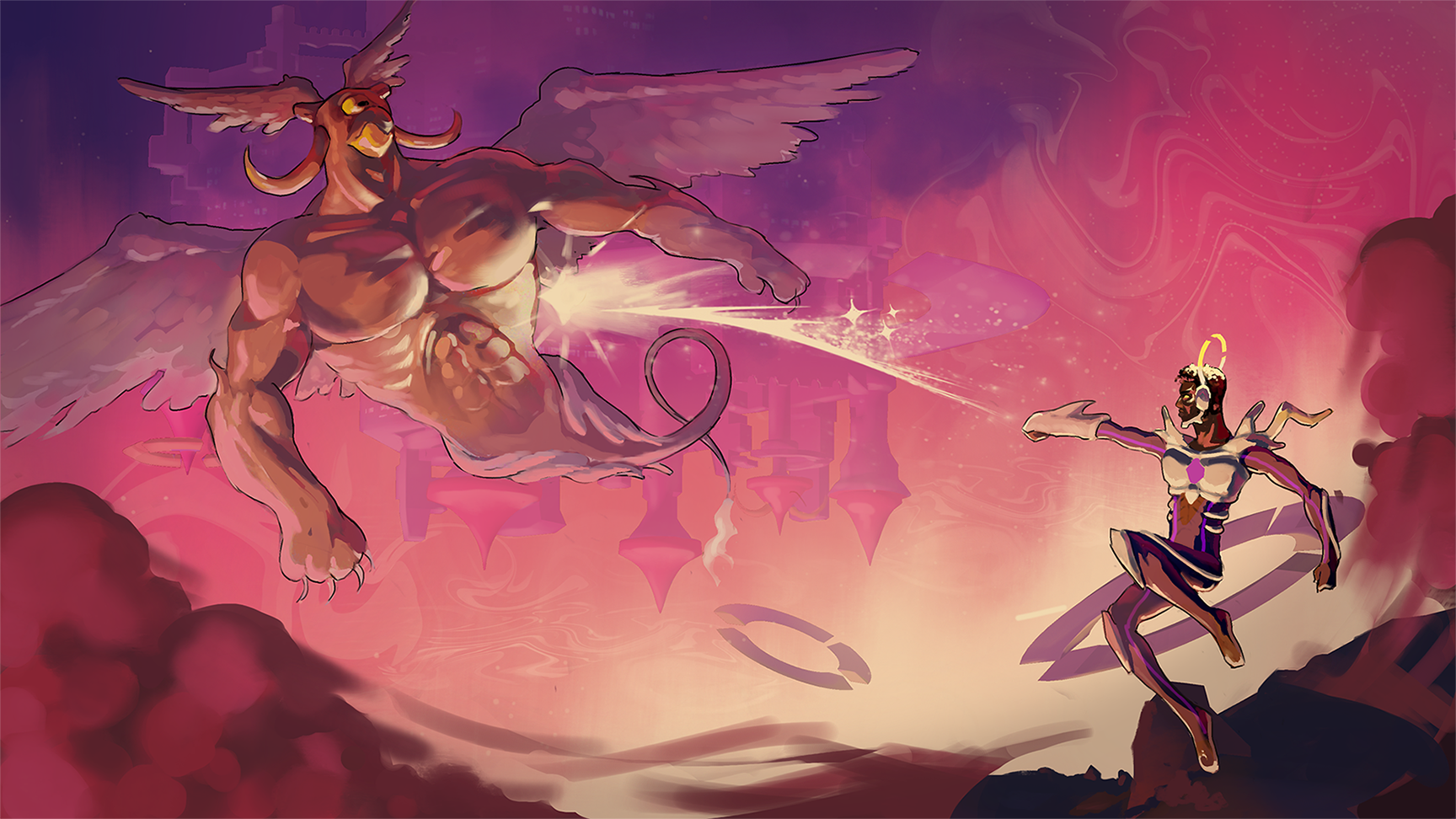 Two angels, one bestial and one human fighting each other in a pink sky with a castle in the background.