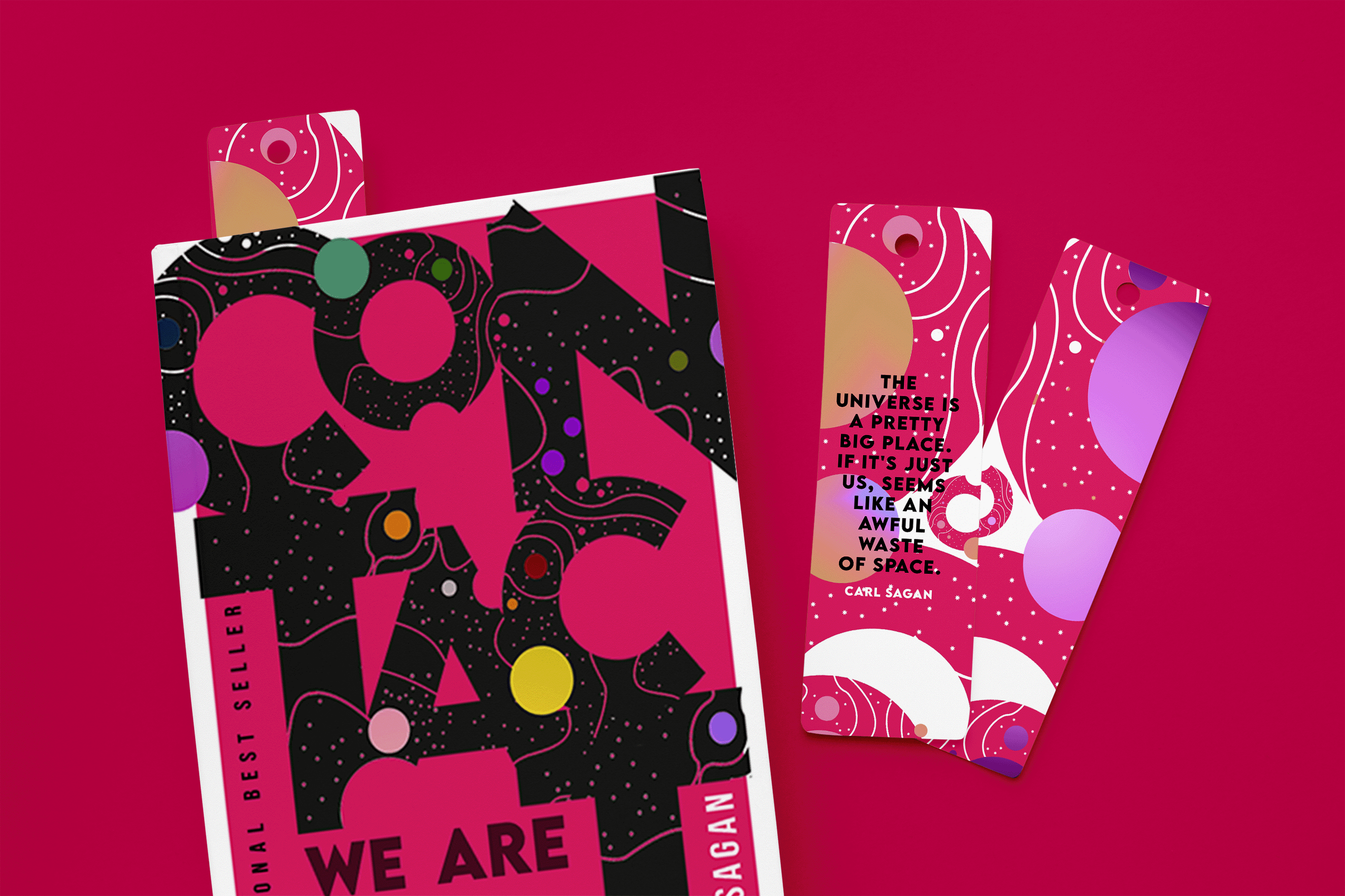 Red Book Cover with title contact made out of interconnected type and bookmark bearing the words "the universe is a pretty big place if it is just us it seems like an awful waste"