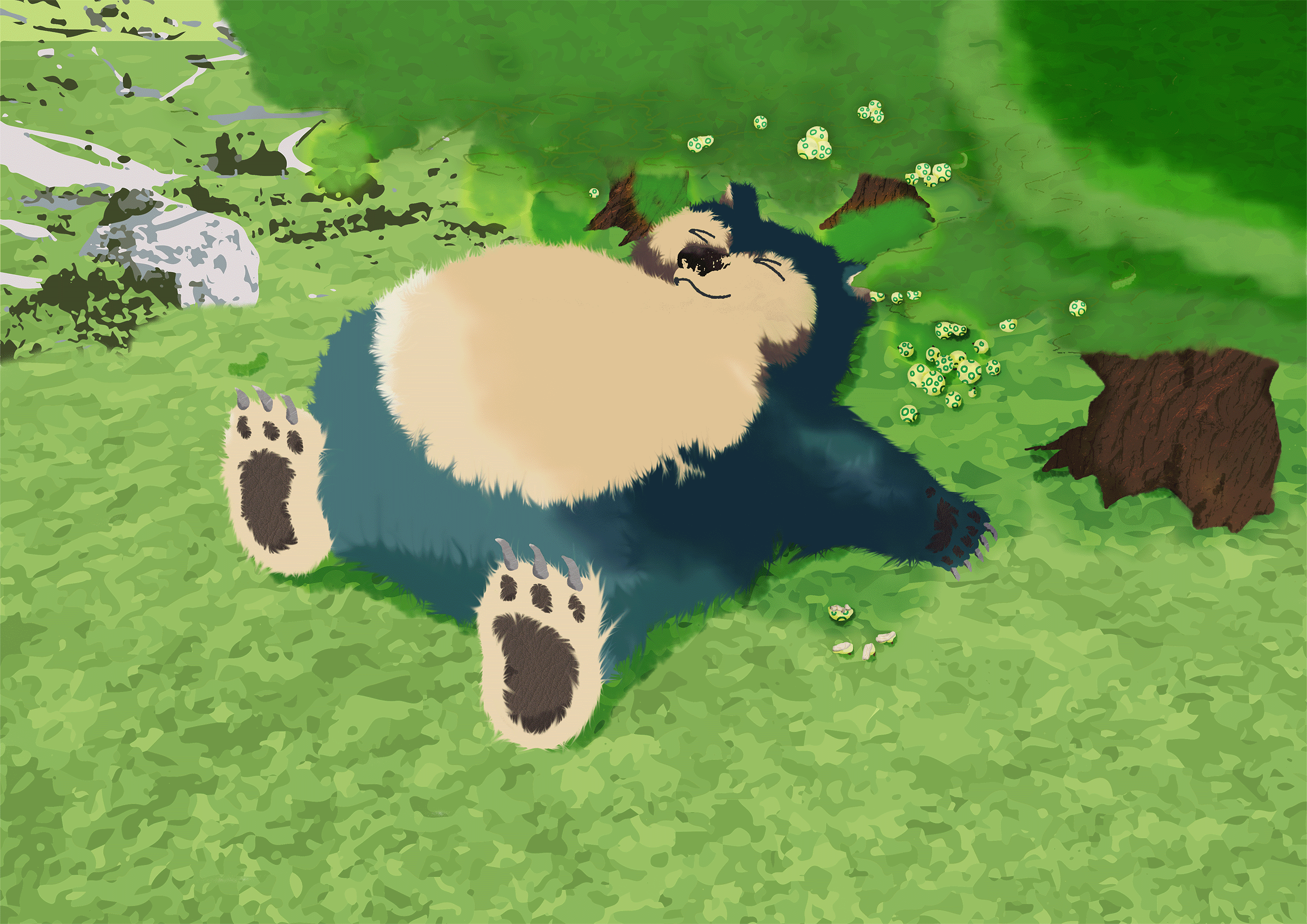 Large bearlike Pokemon laying under trees by a pile of berries
