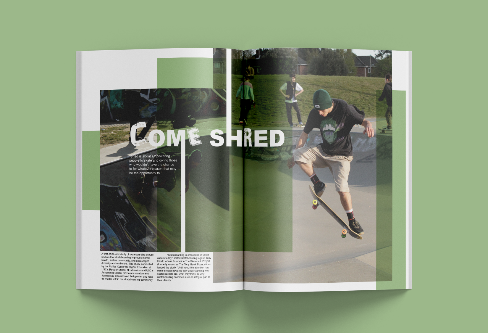 Magazine spread sporting a skateboarder and come shred in large letters