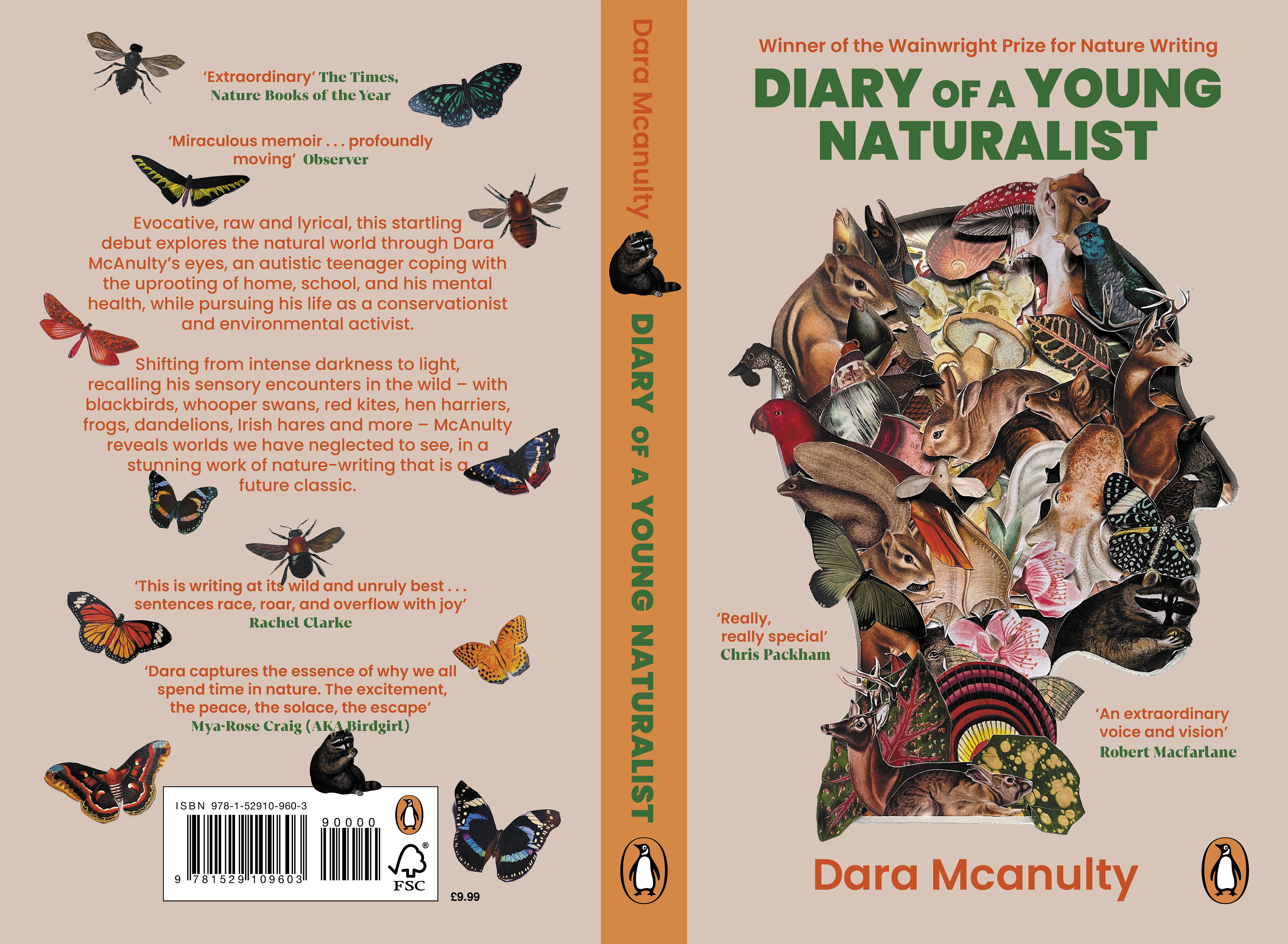 Book cover design by Jake Cook, for Dara McAnulty's diary of a young naturalist. Showing nature illustrations collaged into a profile head shape.