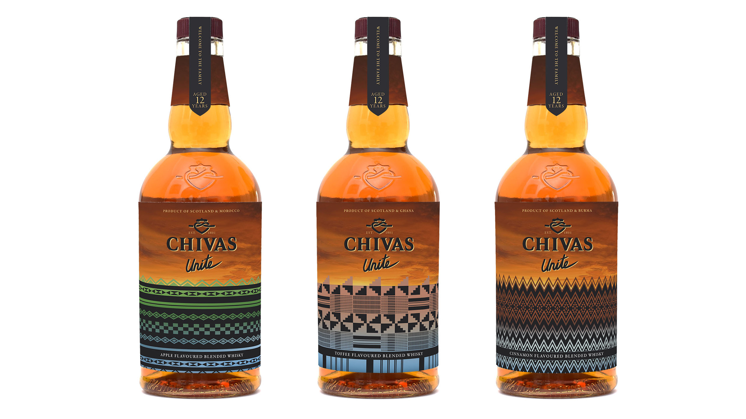 Three bottles with three different patterns and colours filling the bottom half of the label. Golden sunset clouds filling the top half of the label.