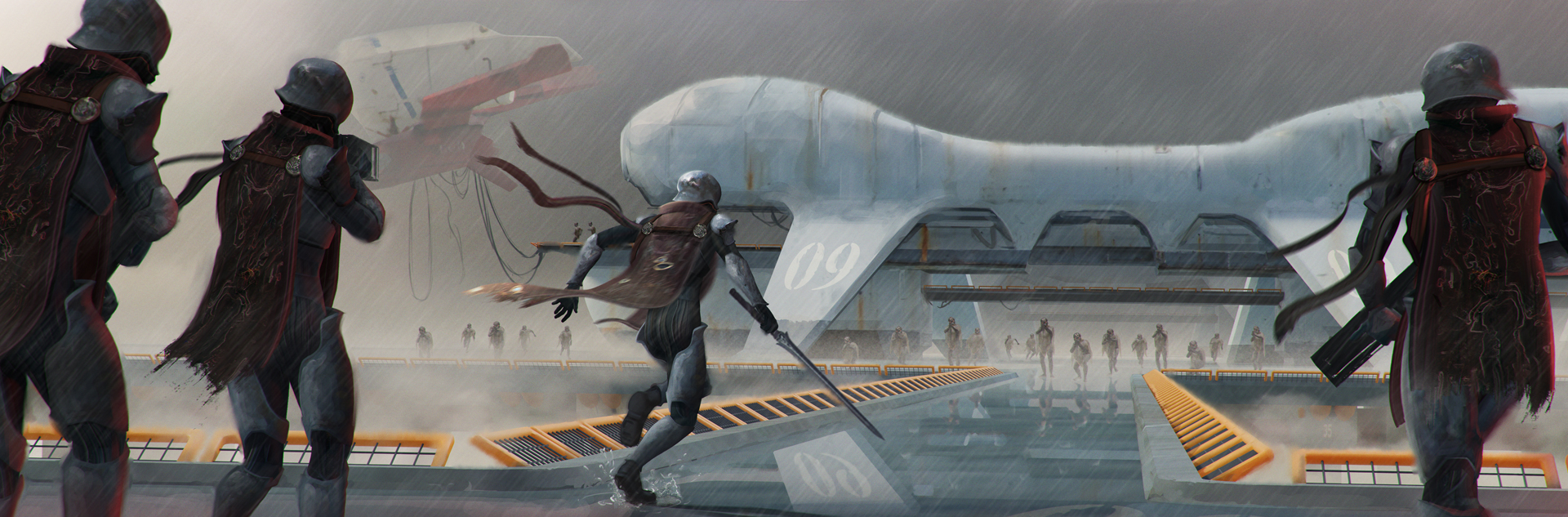 BA Games Art & Design work by Jake Miller showing alternate sci-fi troops rushing to cross a walkway on an off-shore airship station.