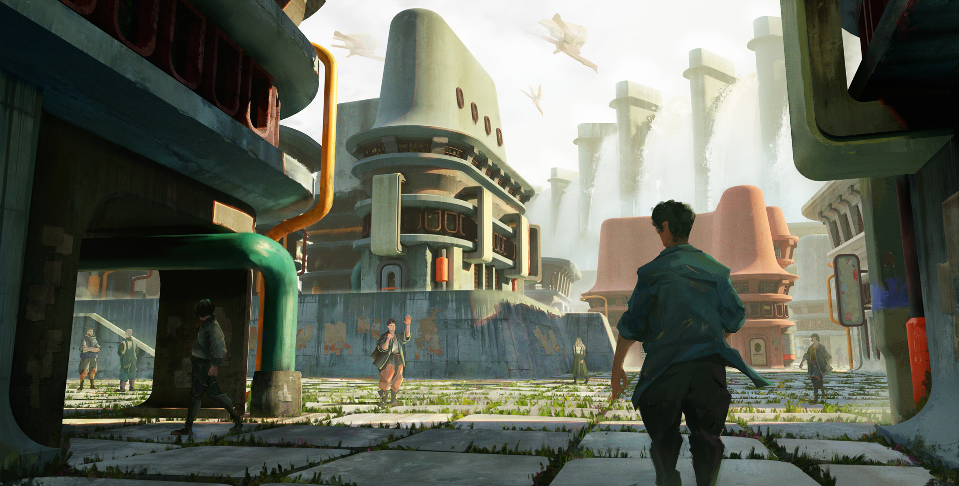 BA Games Art & Design work by Jake Miller. A keyframe showing a street scene of Unda City as airships fly overhead.